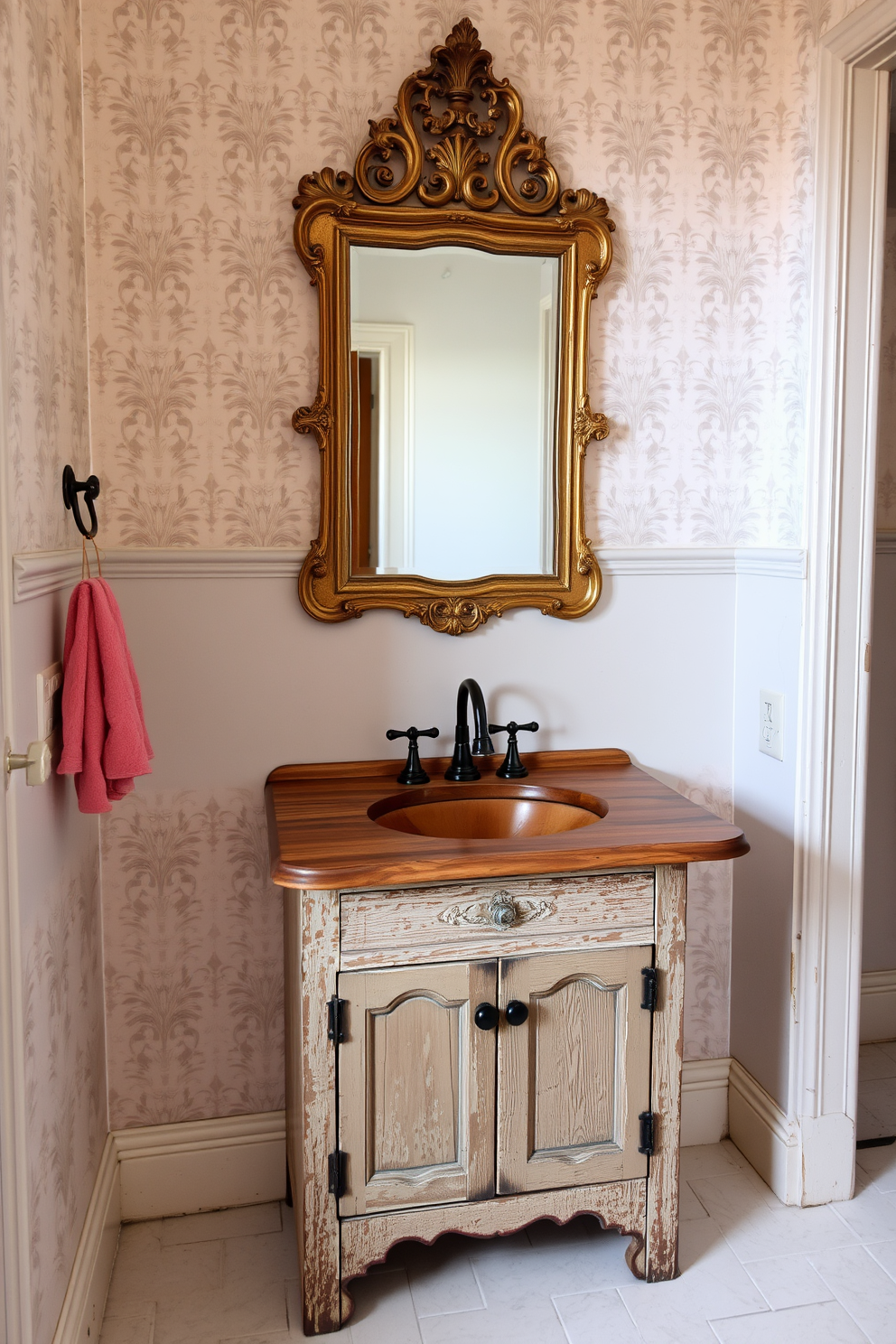 A vintage mirror with an ornate frame hangs above a rustic wooden sink featuring a distressed finish. The walls are adorned with soft pastel wallpaper, and the floor is covered with classic subway tiles for a timeless look.