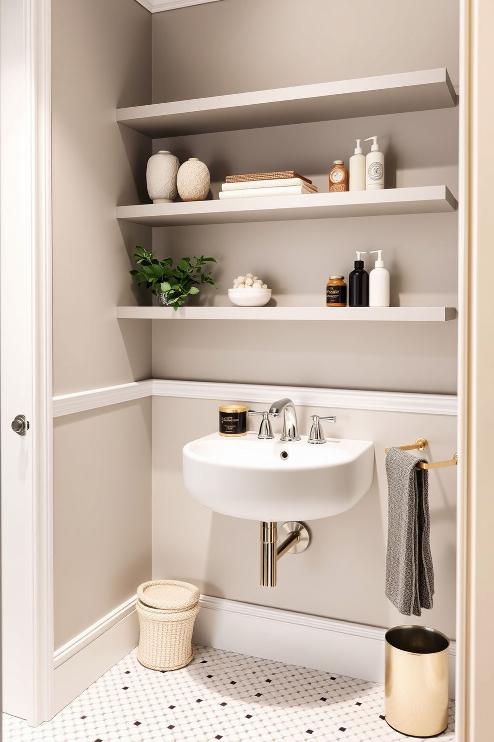 A compact corner sink is elegantly integrated into a stylish half bath, designed to maximize space without sacrificing aesthetics. The walls are adorned with a soft pastel color, complemented by chic floating shelves that hold decorative items and essential toiletries.