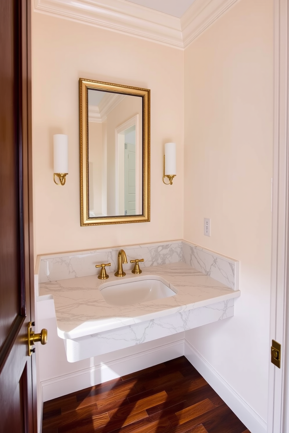 A luxurious half bath featuring a stunning marble countertop adorned with elegant gold fixtures. The walls are painted in a soft cream color, creating a warm and inviting atmosphere. A stylish mirror with a gold frame hangs above the countertop, reflecting the exquisite details of the space. The flooring is a rich dark wood, adding depth and sophistication to the overall design.