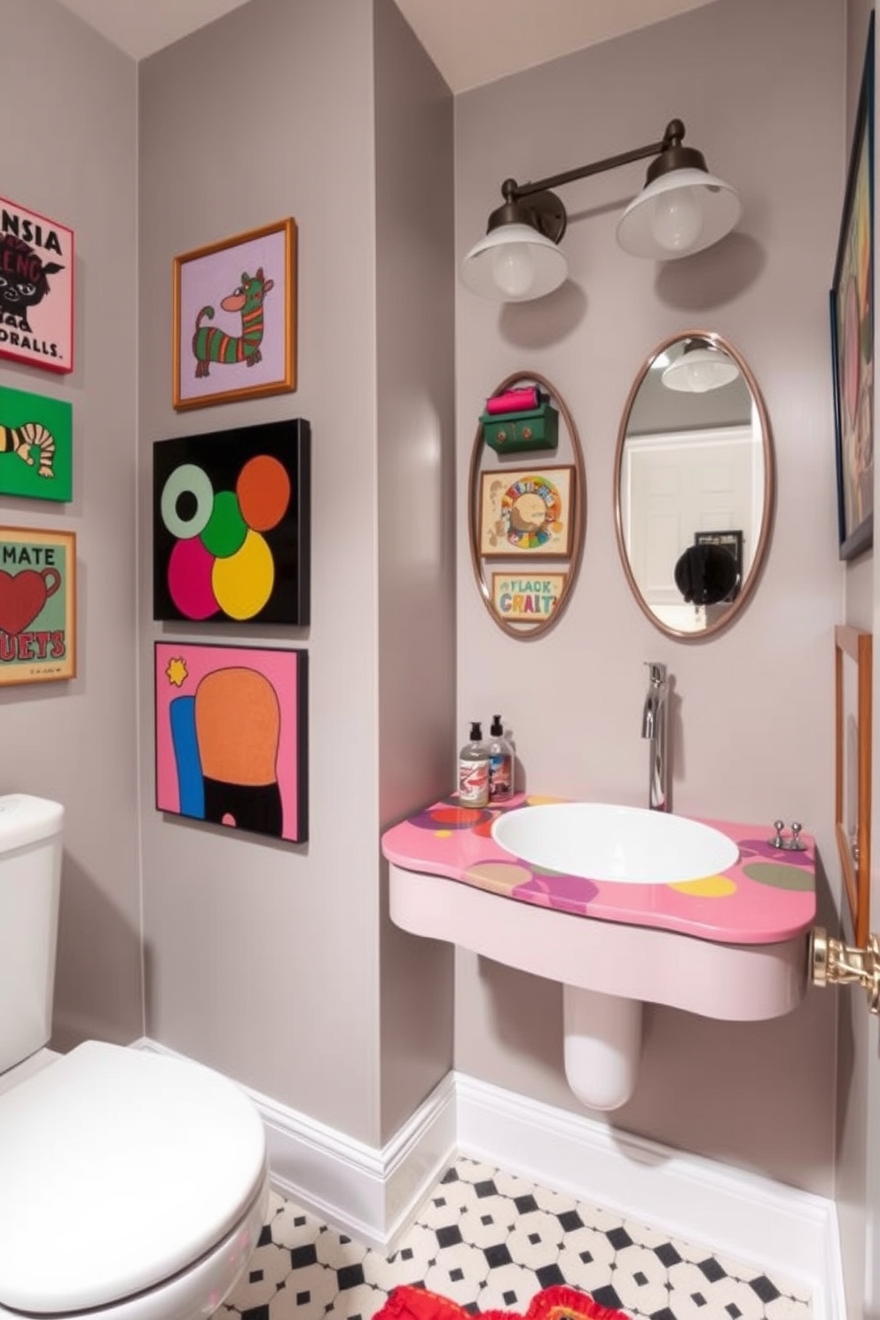 A whimsical half bath powder room filled with playful charm. The walls are adorned with colorful art pieces that evoke a sense of joy and creativity. A floating vanity with a unique shape features a vibrant countertop and a stylish sink. Decorative elements like quirky mirrors and fun lighting fixtures enhance the playful atmosphere.