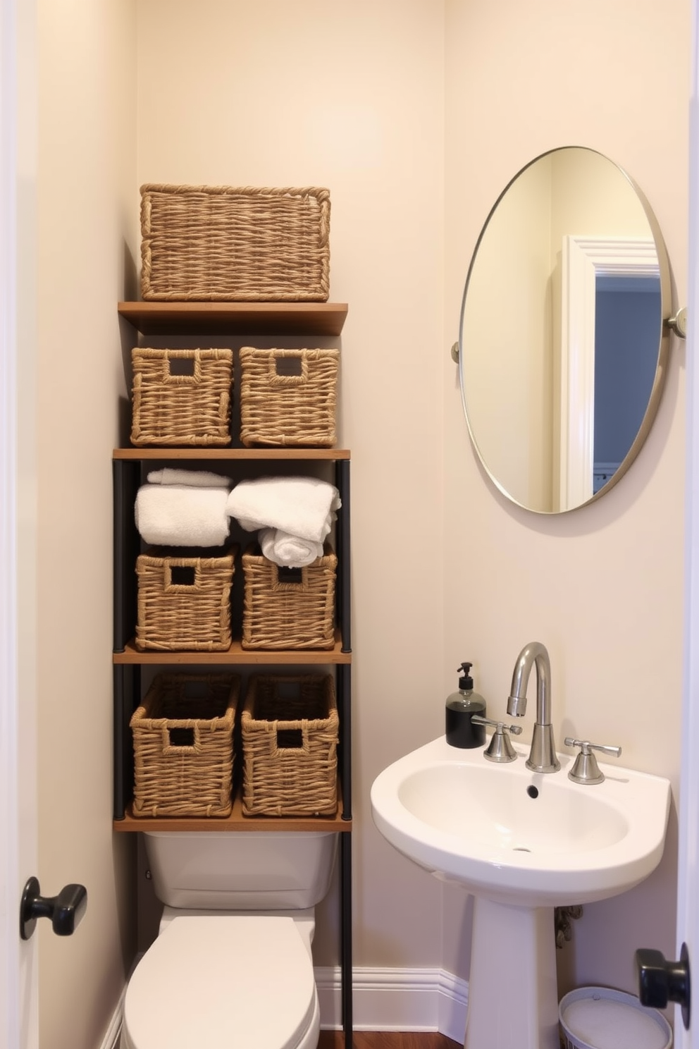 A cozy half bath with natural wood accents that create a warm and inviting atmosphere. The walls are painted in a soft white, complementing the rich wooden cabinetry and shelving. The space features a stylish pedestal sink paired with a round mirror framed in natural wood. A woven basket sits on the floor, adding texture and practicality to the design.