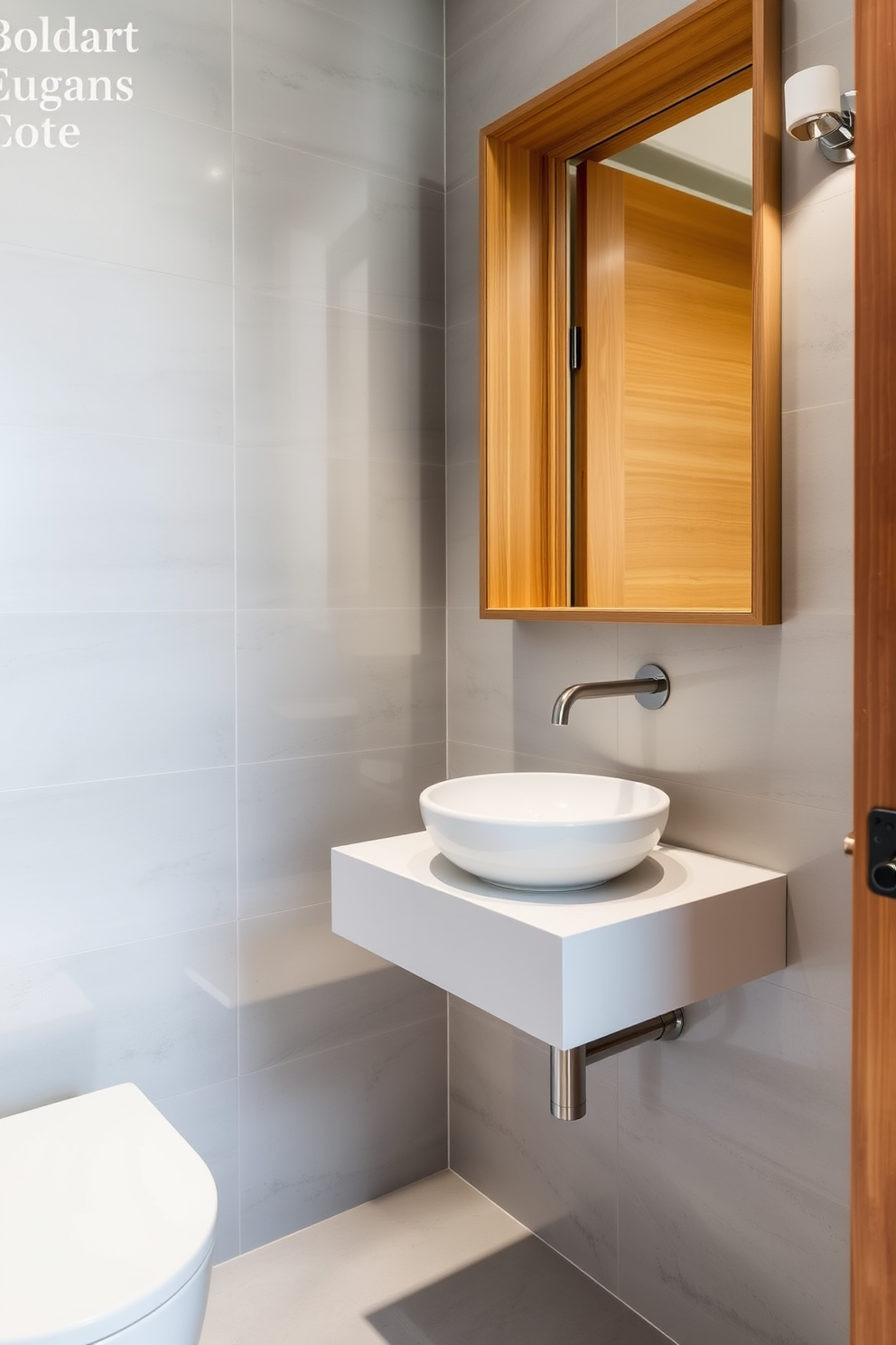 A modern half bathroom featuring a sleek floating sink with a minimalist design. The walls are adorned with large format tiles in soft gray, complemented by warm wood accents throughout the space.