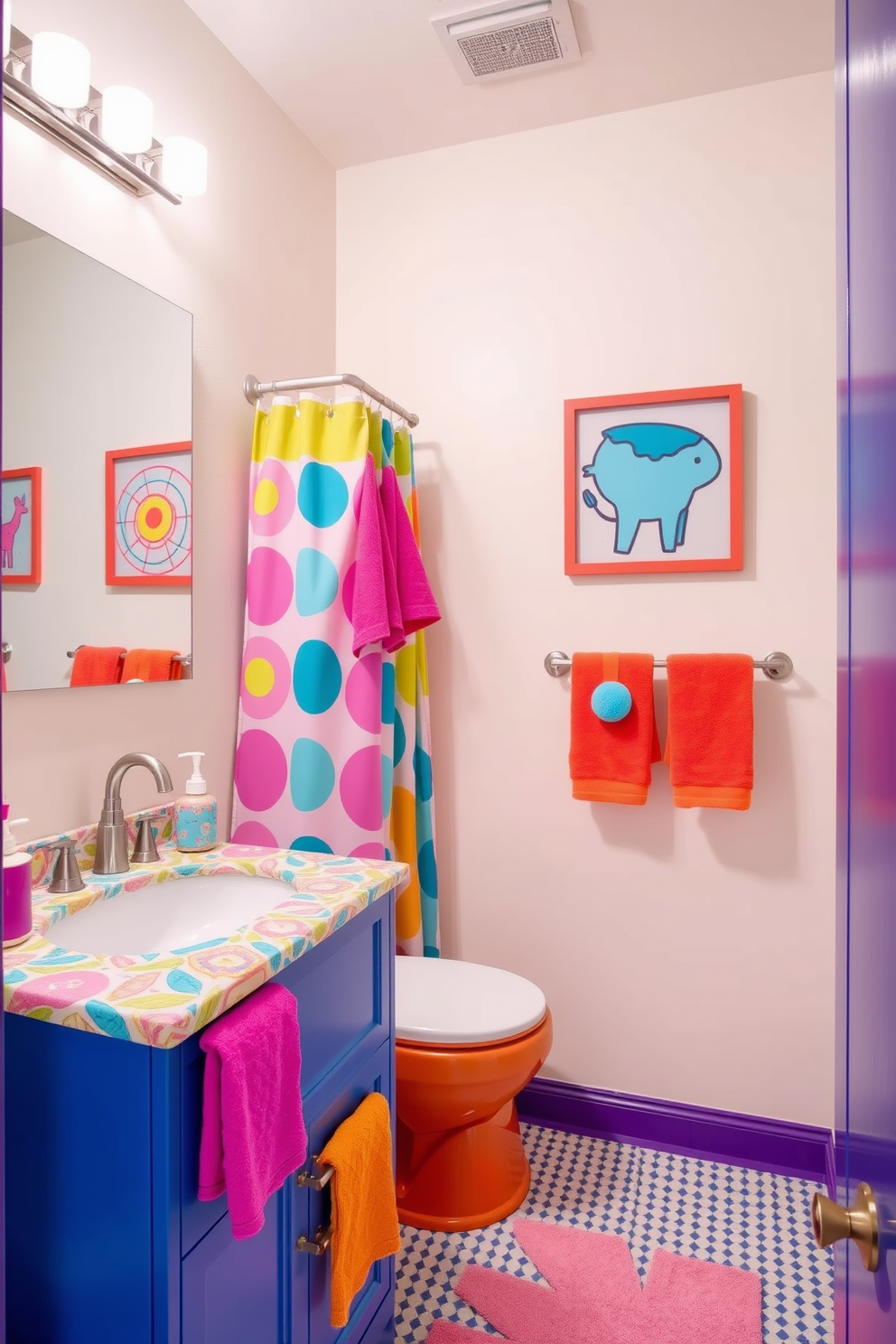 A vibrant half bathroom featuring colorful accents that create a playful atmosphere. The walls are painted in a soft pastel shade, complemented by bright accessories like a funky shower curtain and whimsical wall art. The vanity showcases a sleek design with a bold blue finish and a playful patterned countertop. Fun elements such as a quirky soap dispenser and colorful towels add a cheerful touch to the overall decor.