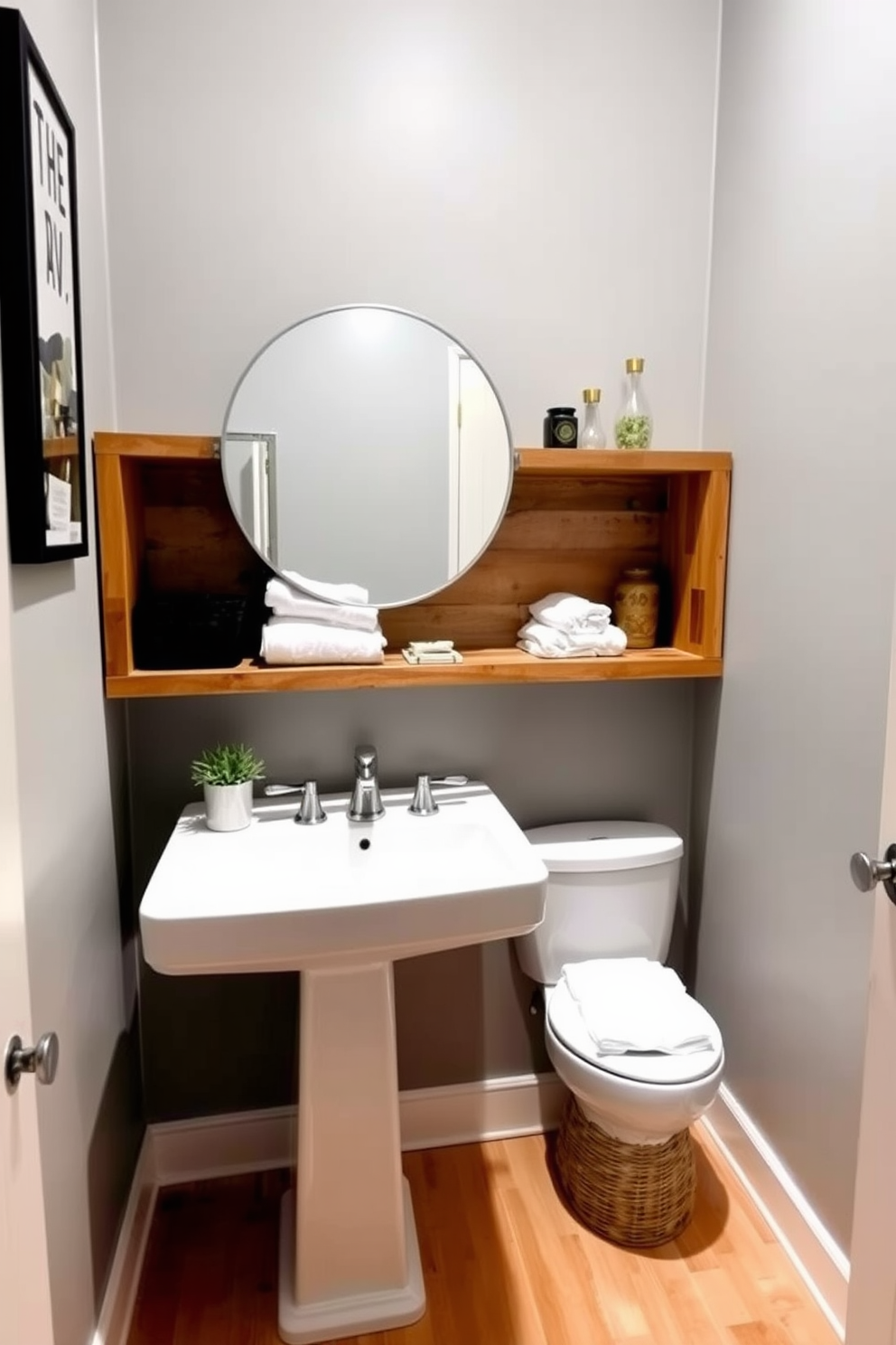 A stylish half bathroom featuring open shelving for easy access to essentials. The walls are painted in a soft gray tone, and the flooring consists of light wood planks for a warm touch. The open shelves are made of reclaimed wood, displaying neatly arranged towels and decorative items. A sleek pedestal sink sits beneath a round mirror framed in brushed nickel, enhancing the modern aesthetic.