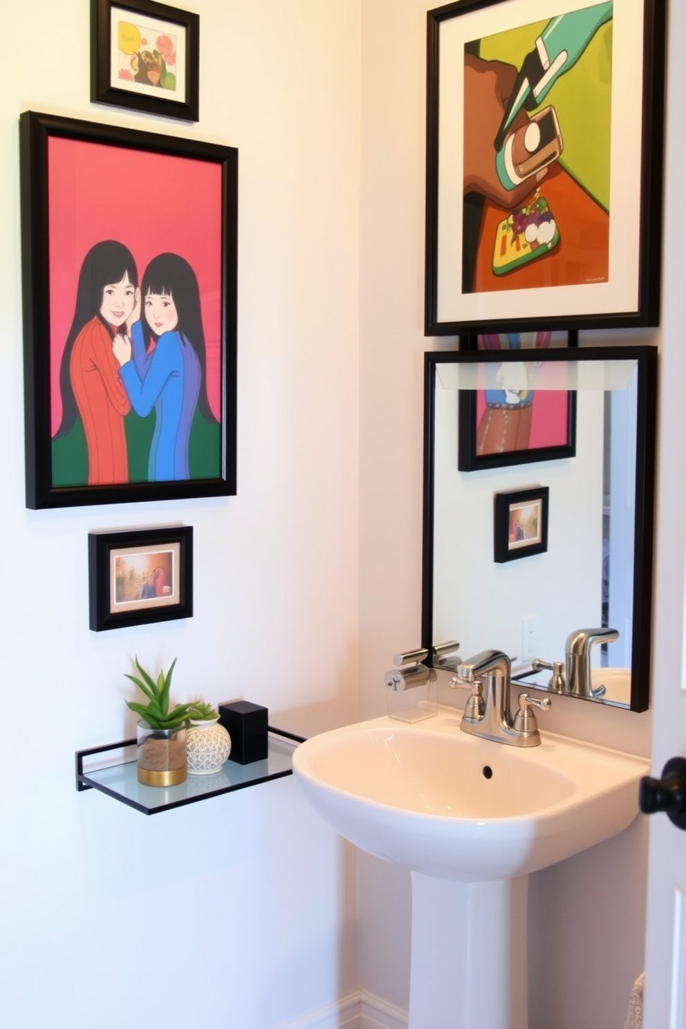 Framed art pieces adorn the walls, showcasing vibrant colors and personal stories that reflect the homeowner's personality. The half bathroom features a sleek pedestal sink with a modern faucet, complemented by a stylish mirror that enhances the artistic ambiance. The walls are painted in a soft neutral tone, allowing the framed art to stand out as focal points. A small shelf below the mirror holds decorative items and a fresh plant, adding a touch of greenery to the space.