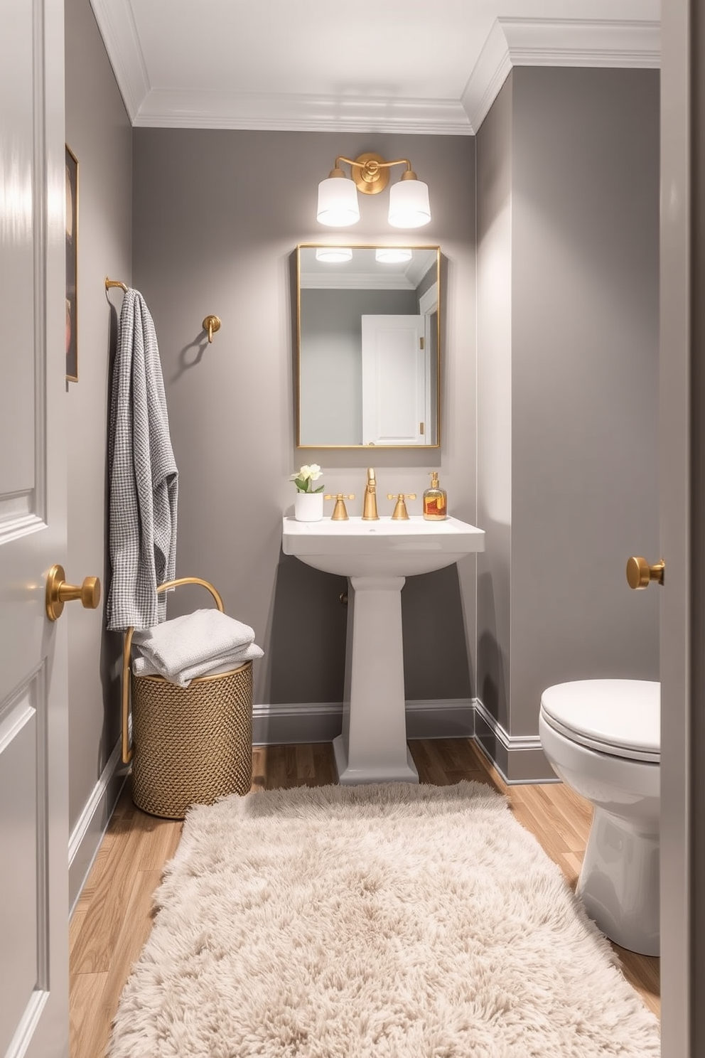 A stylish half bathroom featuring a plush area rug that adds warmth and comfort underfoot. The walls are painted in a soft gray, complemented by sleek white fixtures and elegant gold accents.