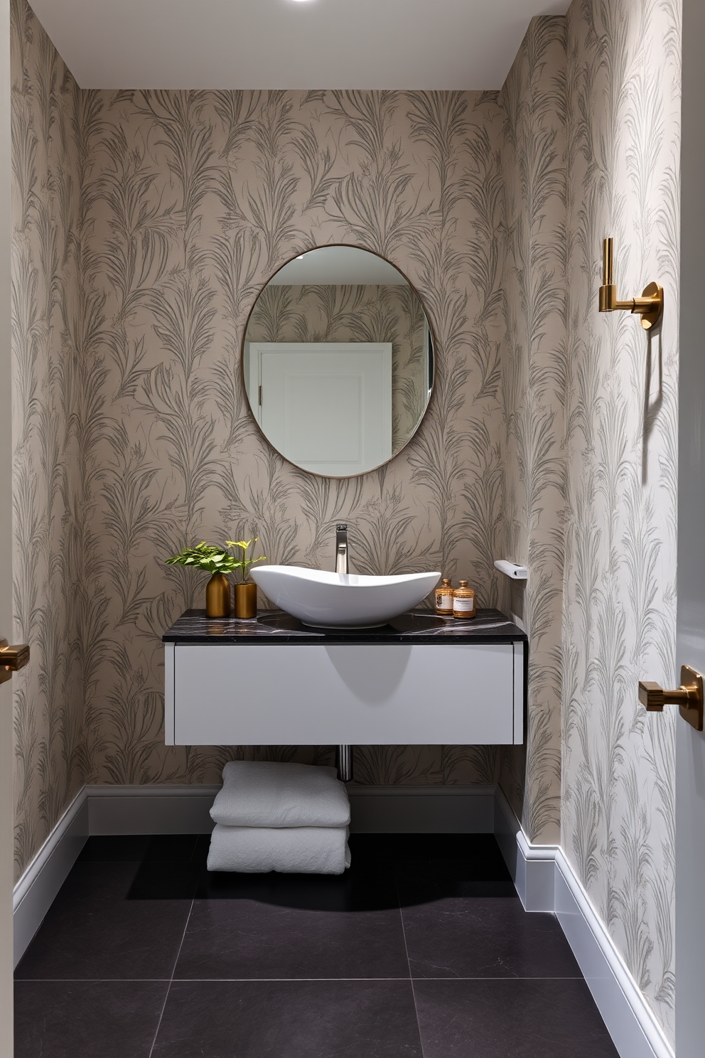 A stylish half bathroom featuring unique sink shapes that serve as a statement piece. The walls are adorned with elegant wallpaper, and the flooring is a sleek dark tile that complements the overall design. The centerpiece is a sculptural sink that stands out against a minimalist vanity. Soft lighting highlights the unique contours of the sink, creating an inviting atmosphere.