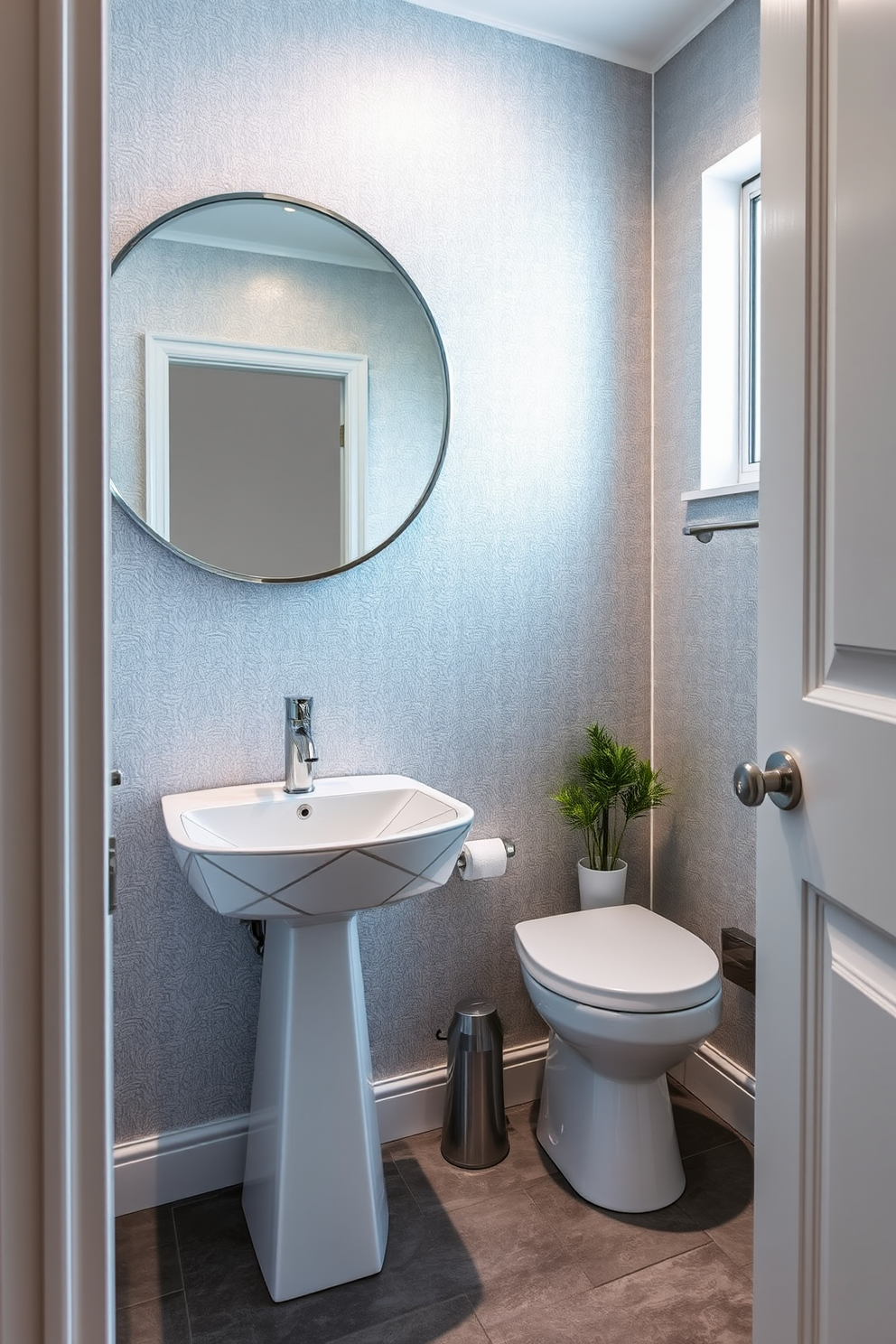 A chic half bathroom featuring sleek metallic finishes that add a modern twist. The walls are adorned with a shimmering silver wallpaper, and the fixtures are polished chrome for a contemporary look. A stylish pedestal sink with a geometric design sits against the wall, complemented by a round mirror with a metallic frame. The floor is covered in large gray tiles, and a small potted plant adds a touch of greenery to the space.