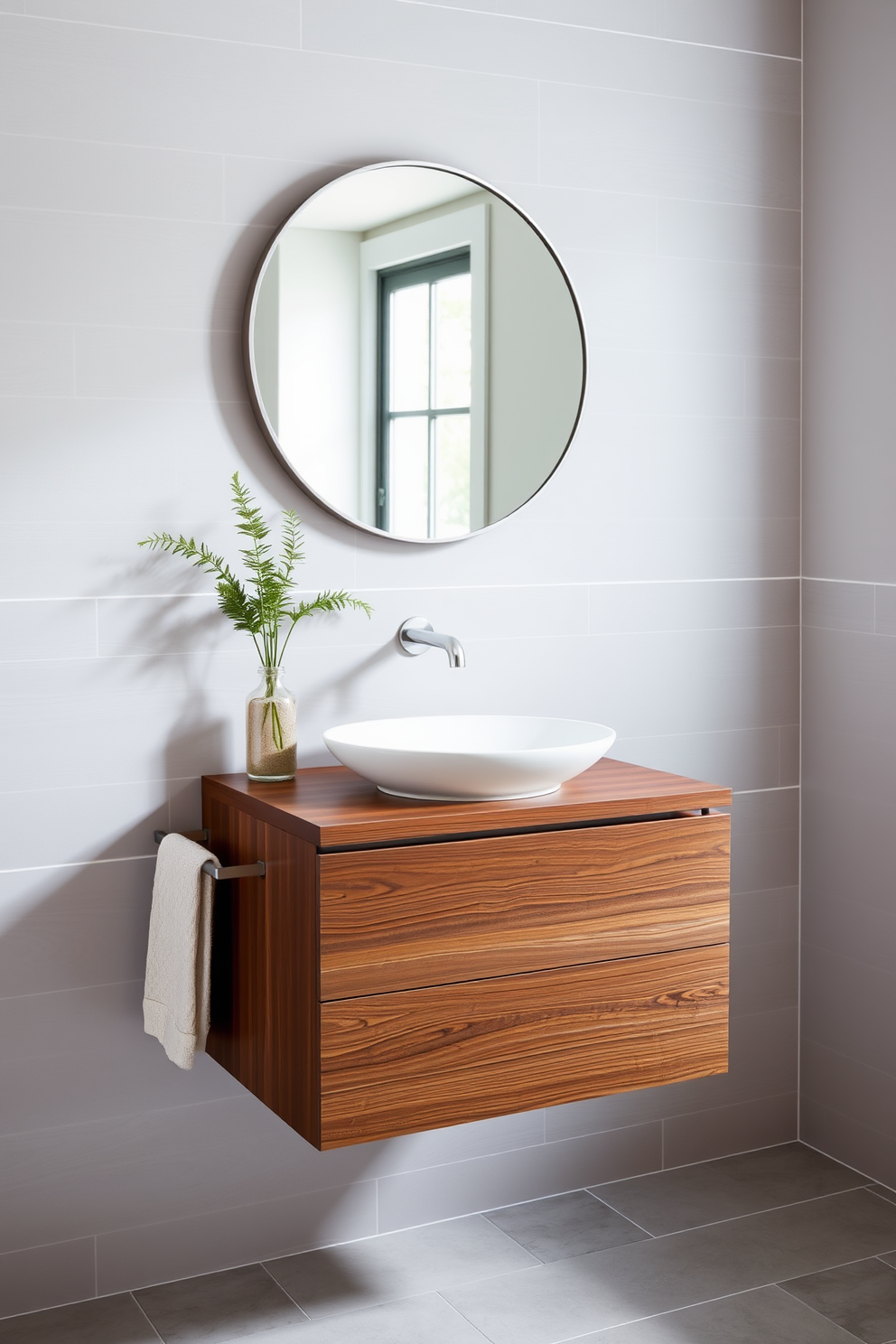 Chic vanity for functional style. A sleek wall-mounted vanity in a rich walnut finish features a deep vessel sink and elegant brushed nickel fixtures. The walls are adorned with soft gray tiles that complement the warm tones of the wood. A round mirror with a minimalist frame hangs above the vanity, reflecting the natural light from a nearby window.