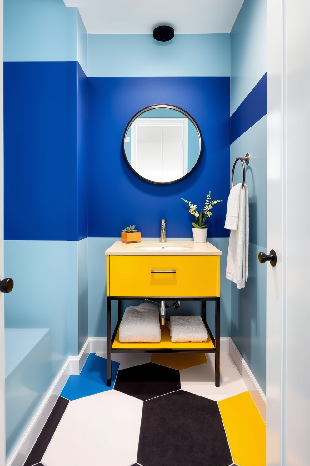 A bold half bathroom featuring vibrant color blocking with a striking blue accent wall paired with a bright yellow vanity. The floor is adorned with large geometric tiles in contrasting colors, creating a playful yet sophisticated atmosphere. The space includes a modern round mirror with a sleek black frame above the vanity, reflecting the lively hues. A stylish wall-mounted faucet complements the design, while a small potted plant adds a touch of greenery to the vibrant setting.