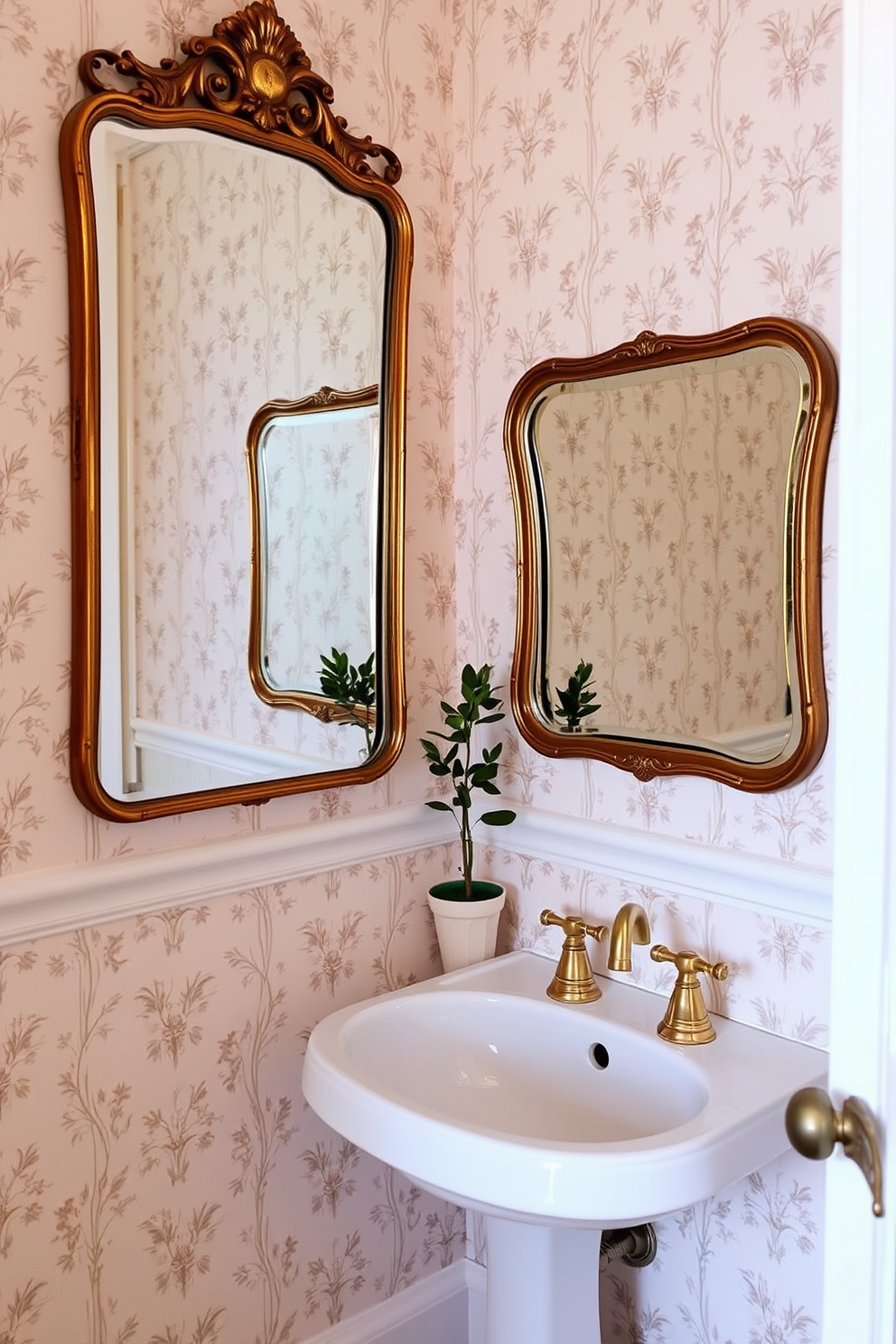 A charming half bathroom featuring vintage mirrors that evoke a sense of nostalgia. The walls are adorned with delicate wallpaper in soft pastel tones, creating a warm and inviting atmosphere. A sleek pedestal sink sits beneath the mirrors, offering a classic yet functional design. Brass fixtures complement the vintage style, while a small potted plant adds a refreshing touch of greenery.