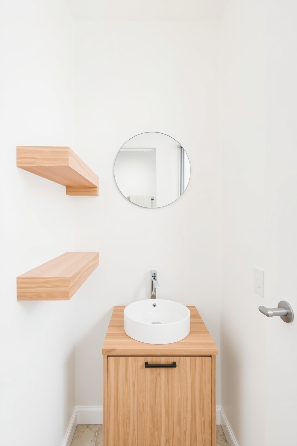 A minimalist half bathroom features sleek floating shelves made of light wood, providing a clean and airy feel. The walls are painted in a soft white, complementing the natural wood tones and enhancing the overall brightness of the space. The compact vanity is designed with a simple round mirror above it, reflecting the minimalist aesthetic. A small potted plant sits on one of the floating shelves, adding a touch of greenery without overwhelming the design.