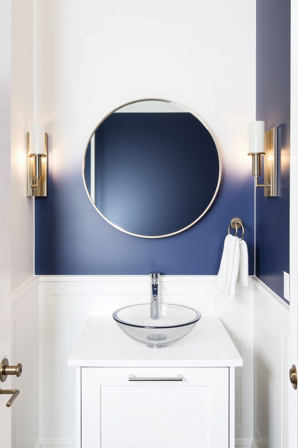 A stylish half bathroom featuring an accent wall with bold geometric patterns in deep navy blue. The other walls are painted in a soft white, creating a striking contrast that draws the eye. The vanity is a sleek, modern design with a polished chrome faucet and a vessel sink. Above it, a round mirror with a minimalist frame reflects the ambient lighting from elegant wall sconces.