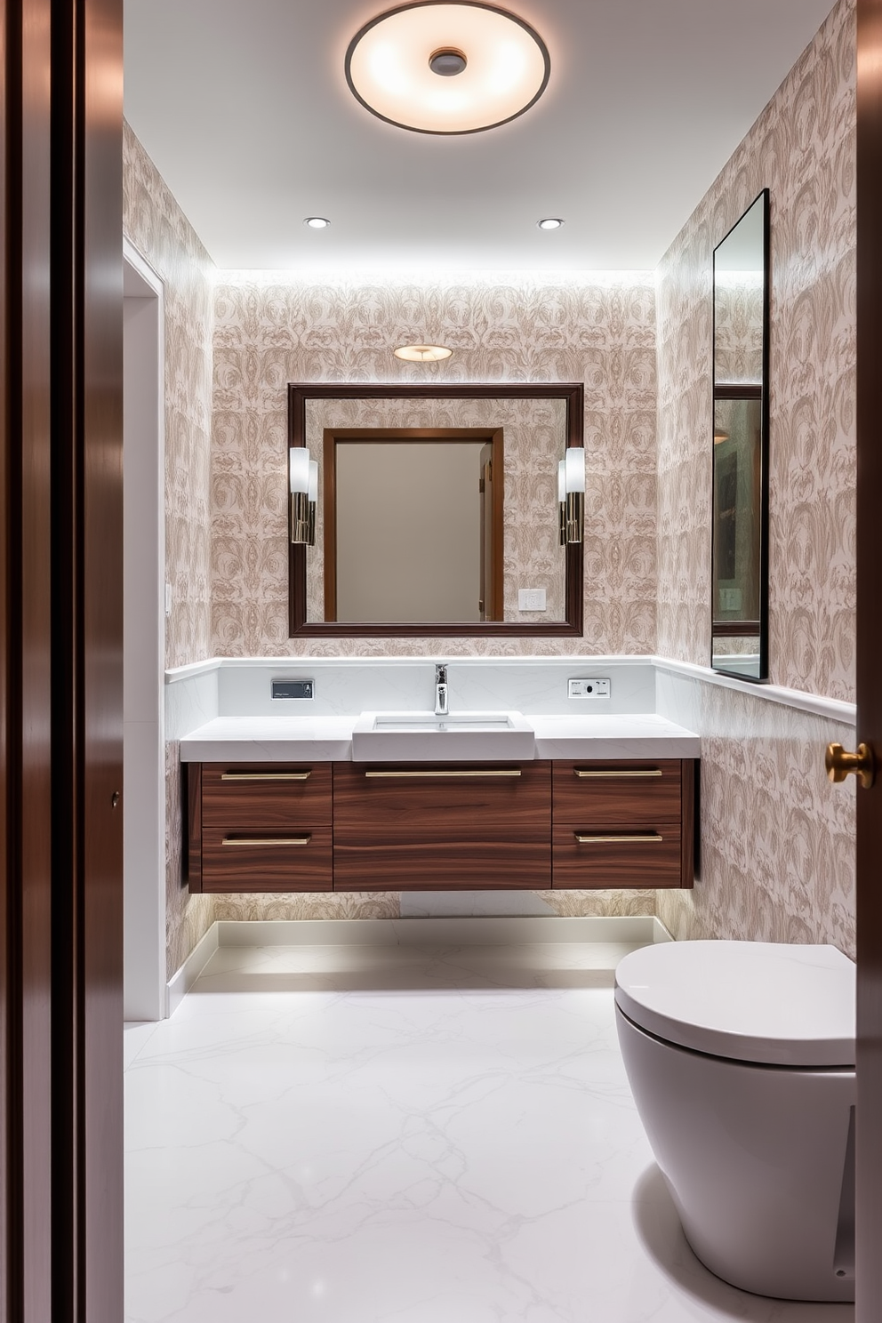 A luxurious half bathroom featuring high-end finishes that exude sophistication. The walls are adorned with elegant wallpaper, and the flooring is a polished marble that reflects the ambient lighting. A sleek floating vanity made of rich walnut wood showcases a stunning quartz countertop with an undermount sink. Stylish wall sconces flank a large mirror, enhancing the overall elegance of the space.