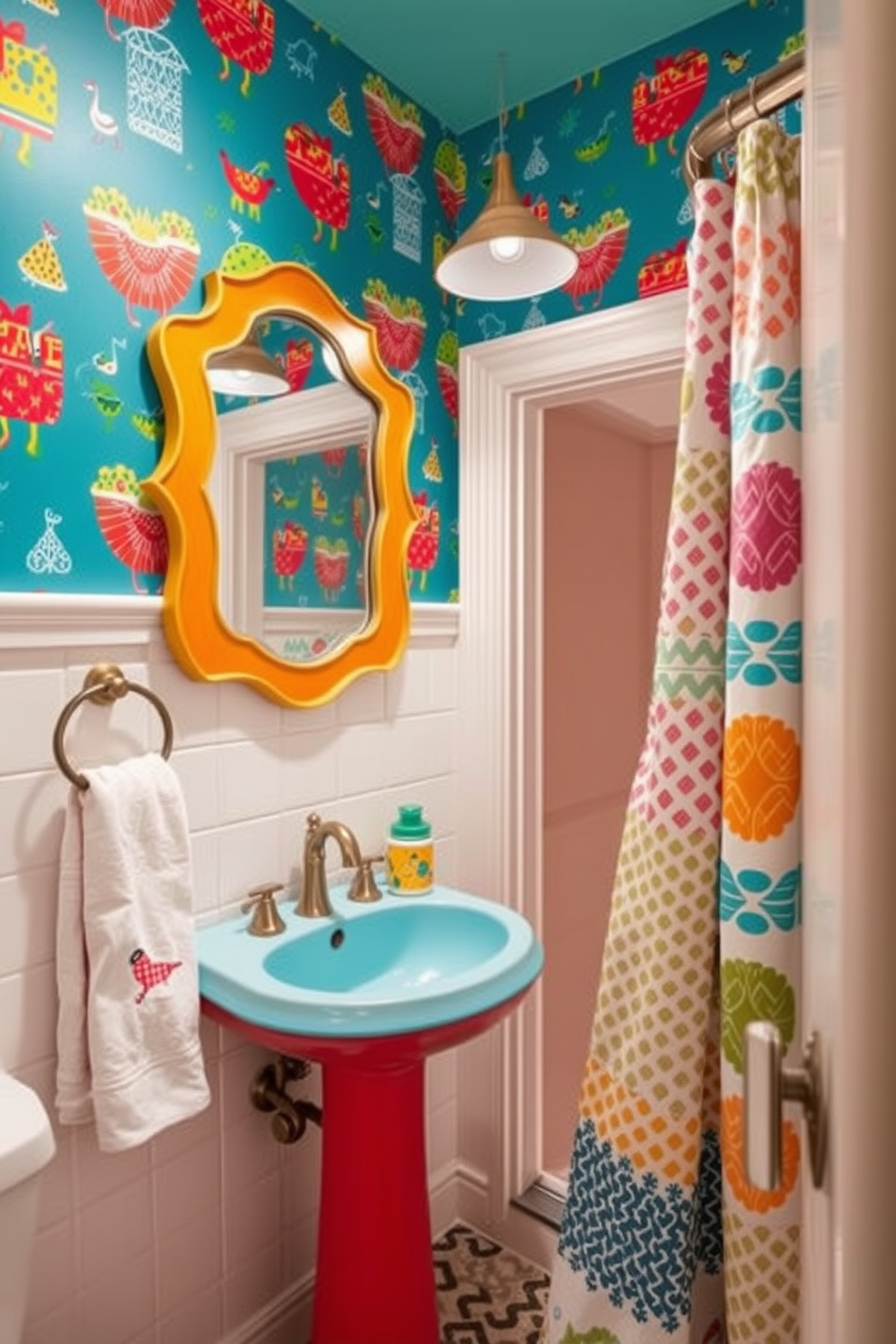 A whimsical half bathroom design features playful decor elements that create a fun and inviting atmosphere. The walls are adorned with bright, colorful wallpaper depicting quirky patterns, while a unique shaped mirror adds an unexpected twist. A vibrant pedestal sink in a bold color stands out against the lively backdrop. Fun accessories like a patterned shower curtain and mismatched towels contribute to the eclectic charm of the space.