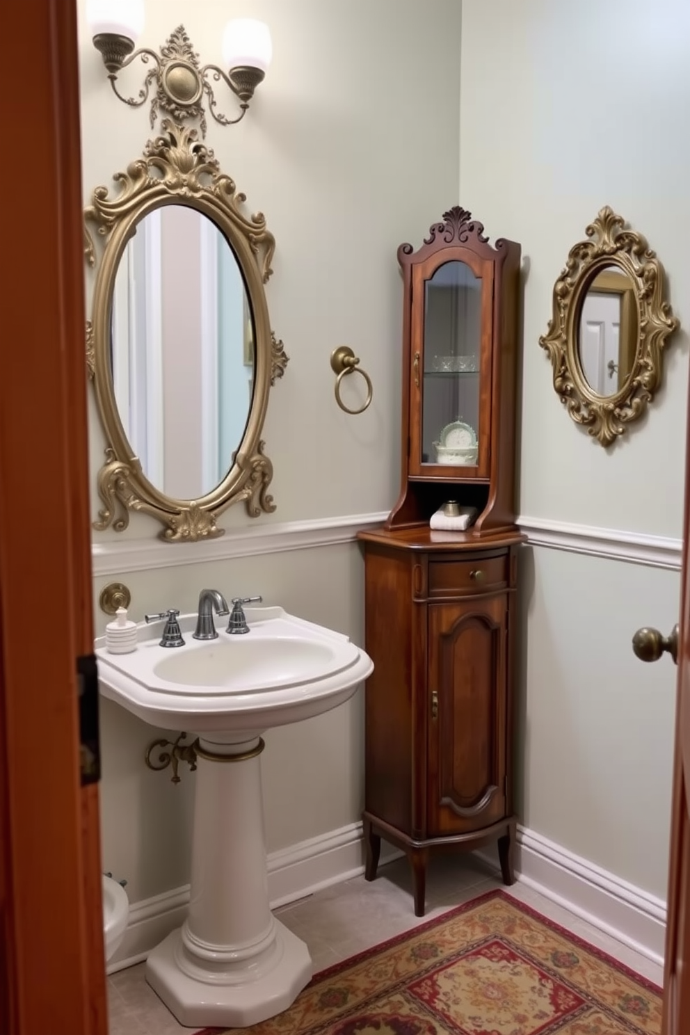 A charming half bathroom featuring vintage fixtures that exude classic charm. The space includes a pedestal sink with intricate detailing and a vintage-style mirror with an ornate frame. Soft pastel colors adorn the walls, creating a warm and inviting atmosphere. A small wooden cabinet with antique brass hardware offers storage, while a patterned rug adds a touch of elegance to the floor.