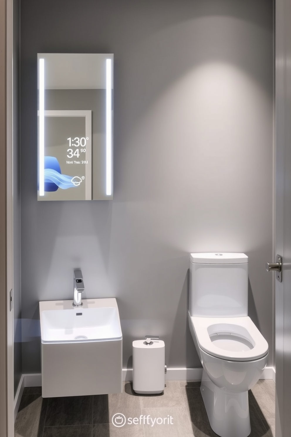 A sleek half bathroom featuring smart technology for modern convenience. The space includes a touchless faucet and a digital mirror that displays time and weather information. The walls are painted in a soft gray tone, complemented by a stylish floating vanity with integrated LED lighting. A compact toilet with a built-in bidet sits adjacent, creating a seamless and functional design.