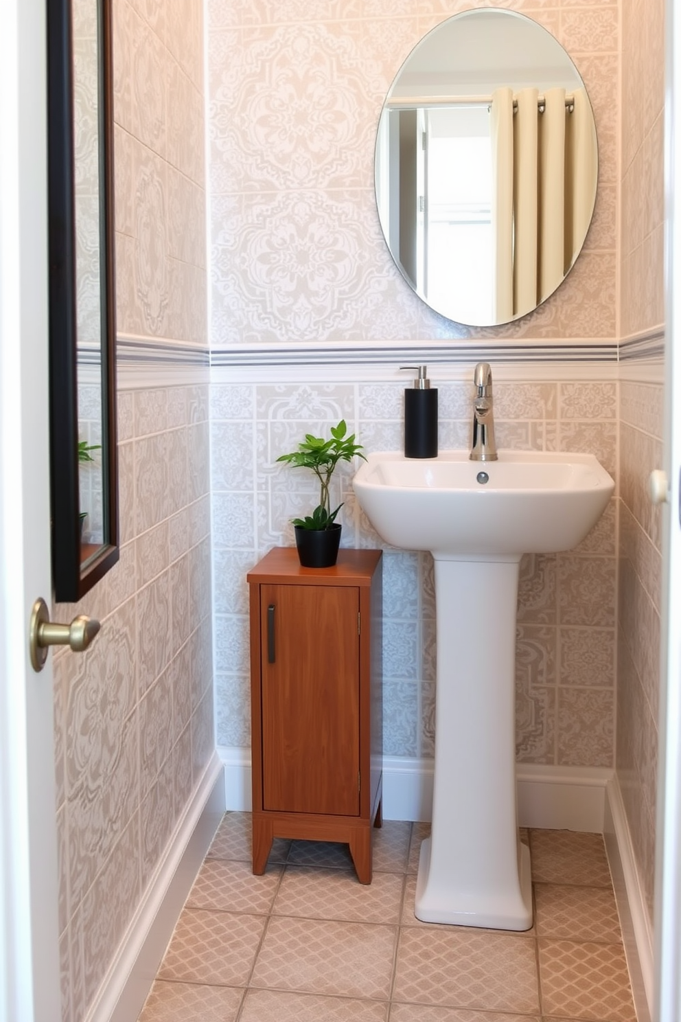 A stylish half bathroom featuring decorative tiles that add visual interest to the space. The walls are adorned with intricate patterned tiles in soft colors, complemented by a sleek white pedestal sink and a modern chrome faucet. A compact wooden cabinet provides storage while maintaining an open feel. The floor is covered with coordinating tiles, and a small potted plant adds a touch of greenery to the design.