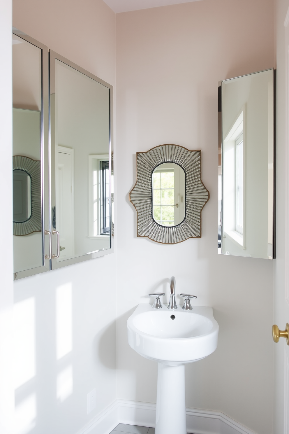 A stylish half bathroom featuring mirrored cabinets that enhance the sense of space and depth. The cabinets are elegantly framed with a sleek finish, reflecting light and creating a bright atmosphere. The walls are adorned with a soft pastel color, providing a calming backdrop. A chic pedestal sink sits beneath a decorative mirror, complemented by modern fixtures that add a touch of sophistication.