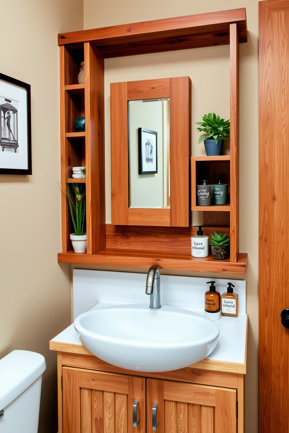 A stylish half bathroom featuring natural wood accents that create a warm and inviting atmosphere. The walls are painted in a soft beige, complementing the rich tones of the wooden cabinetry and shelving. The space includes a sleek, modern sink with a brushed nickel faucet, paired with a rustic wooden mirror above. Decorative elements such as potted plants and artisanal soap dispensers add a touch of personality and charm.