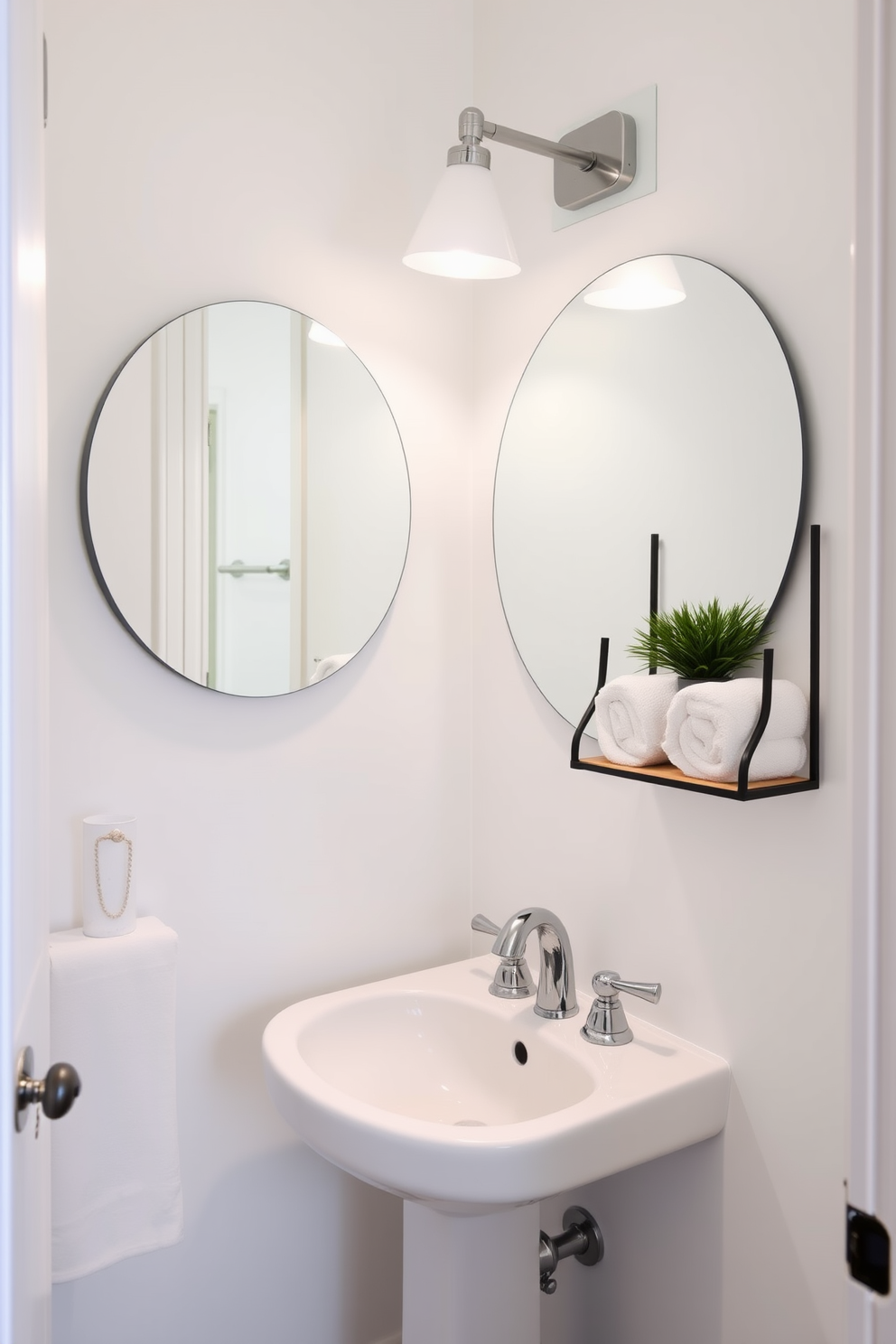 A charming half bathroom featuring bright lighting that creates a welcoming glow. The space includes a sleek pedestal sink with a polished chrome faucet and a large round mirror that reflects the light beautifully. The walls are painted in a soft pastel hue, enhancing the airy feel of the room. A stylish wall-mounted shelf holds neatly rolled towels and a small potted plant, adding a touch of greenery.