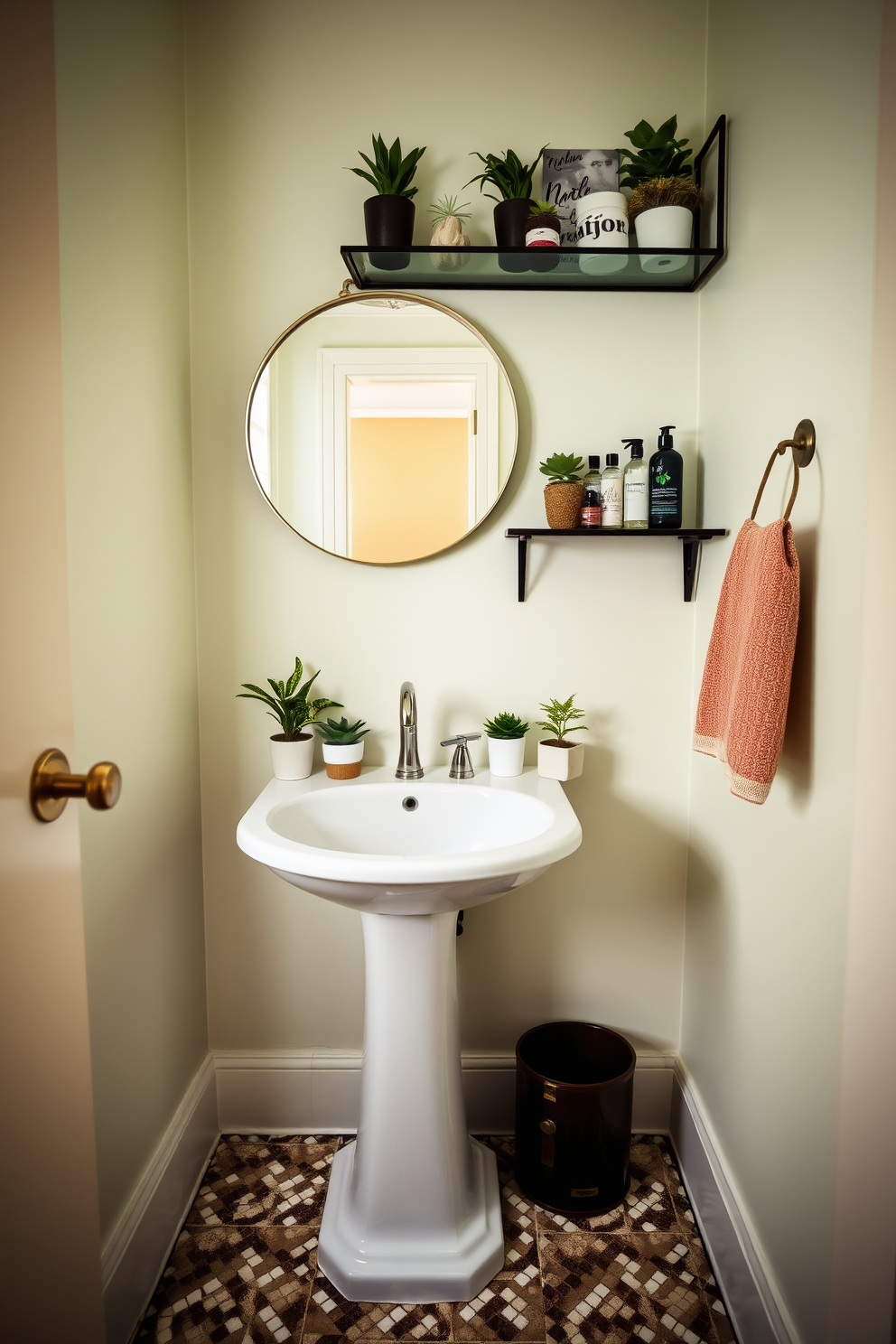 A charming half bathroom featuring small potted plants on the countertop for a fresh touch. The walls are painted in a soft pastel color, and the floor is adorned with elegant mosaic tiles. A sleek pedestal sink is complemented by a round mirror with a minimalist frame. Decorative shelving above the sink displays an assortment of small plants and stylish toiletries.