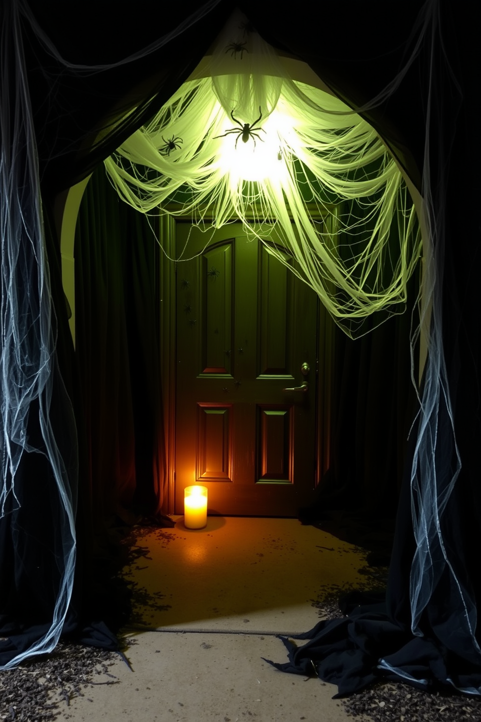 A spooky entrance features dark walls adorned with cobwebs draping from the ceiling and corners. Flickering lights cast eerie shadows, illuminating a path lined with carved pumpkins and autumn leaves. A vintage console table holds an assortment of Halloween decorations, including ghostly figurines and candles. A large mirror reflects the haunting ambiance, enhancing the festive yet chilling atmosphere of the apartment.