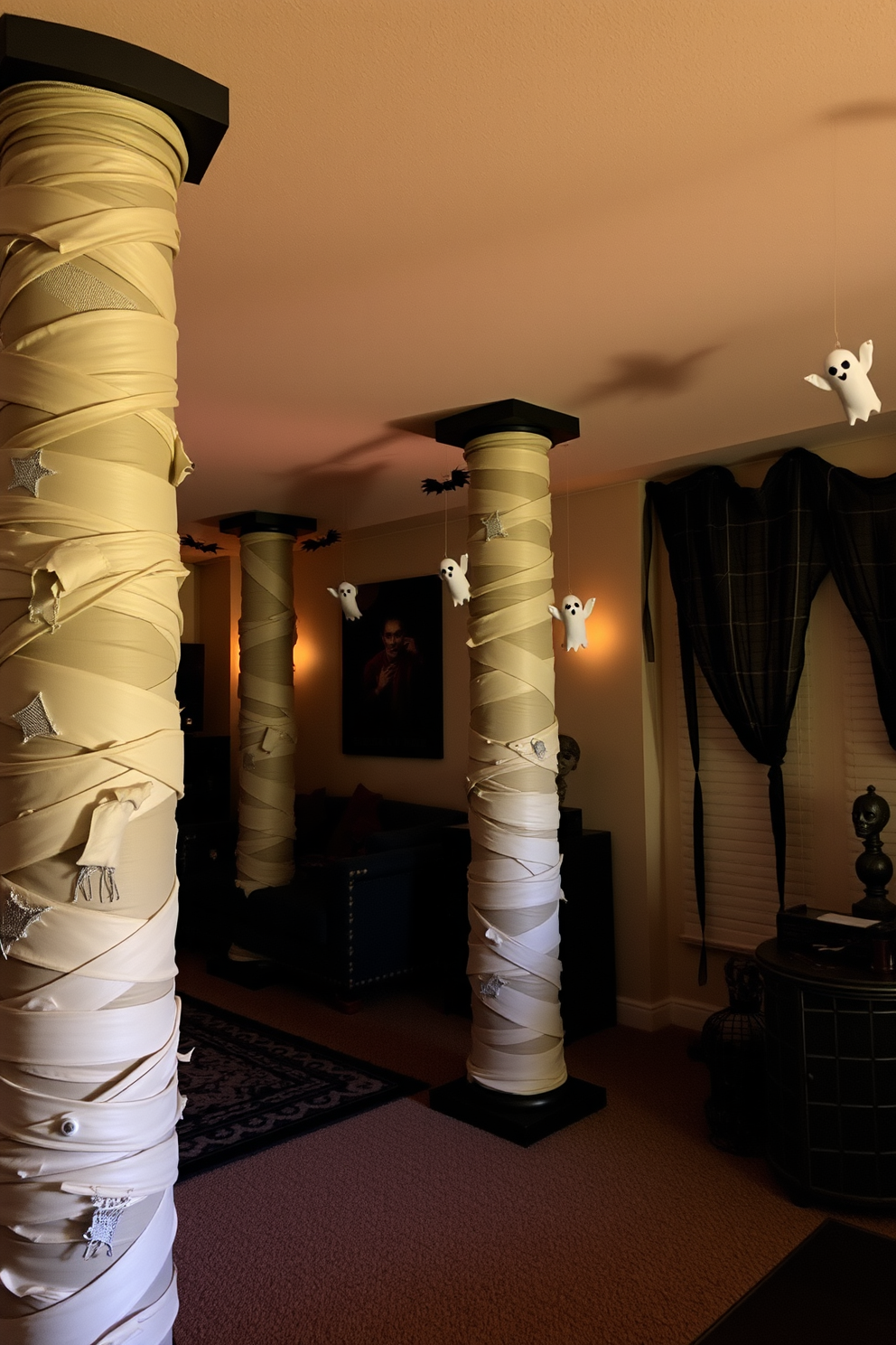 A Halloween-themed apartment featuring mummy-wrapped columns that create a spooky yet festive atmosphere. The walls are adorned with ghostly decorations, and eerie lighting casts shadows that enhance the haunting vibe.