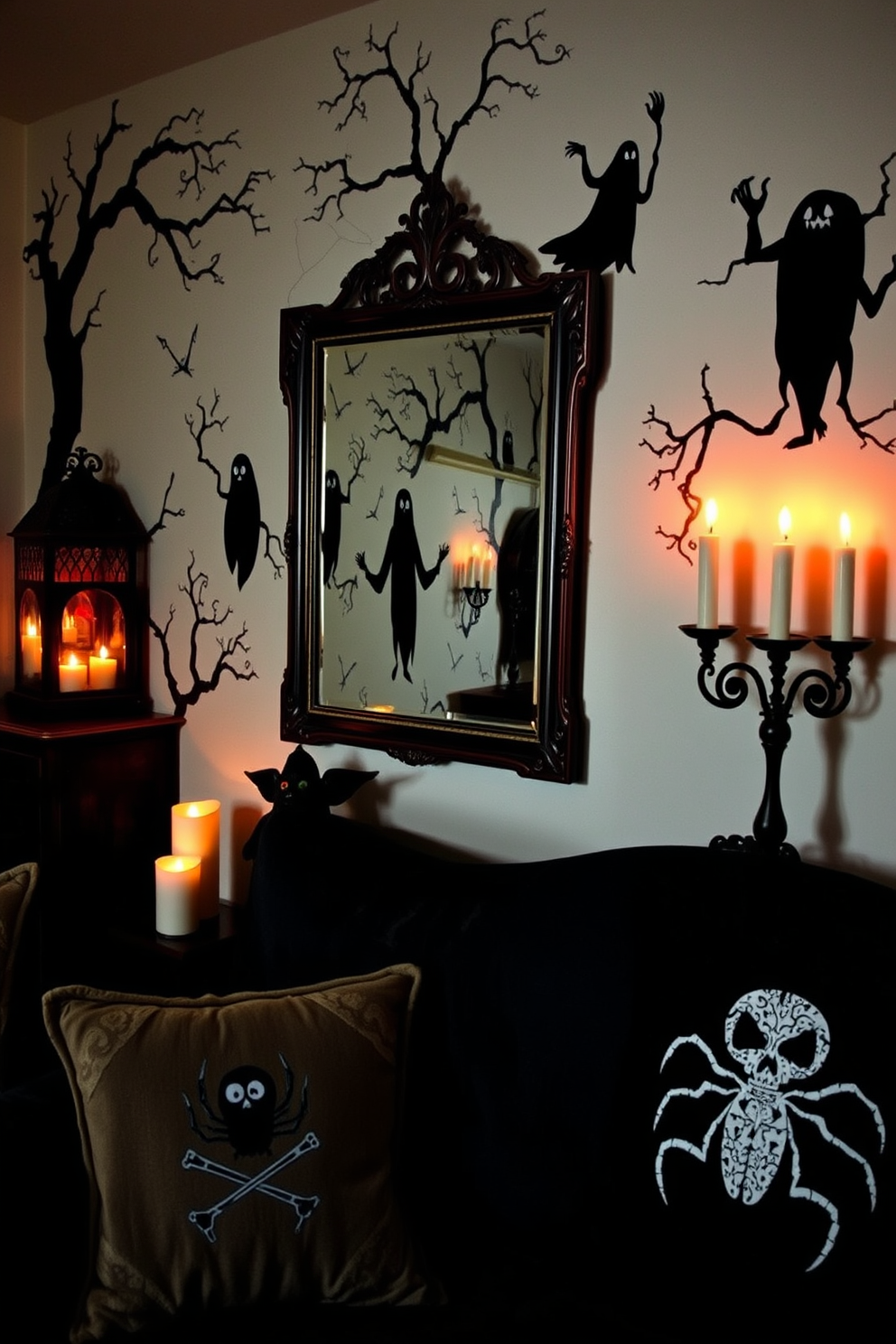 Hanging bats dangle from the ceiling, creating a spooky atmosphere perfect for Halloween. The bats are crafted from black paper and vary in size, adding depth and intrigue to the decor. The walls are adorned with eerie artwork featuring haunted houses and ghostly figures. Soft orange and purple lighting enhances the festive mood, illuminating the space with a warm glow.