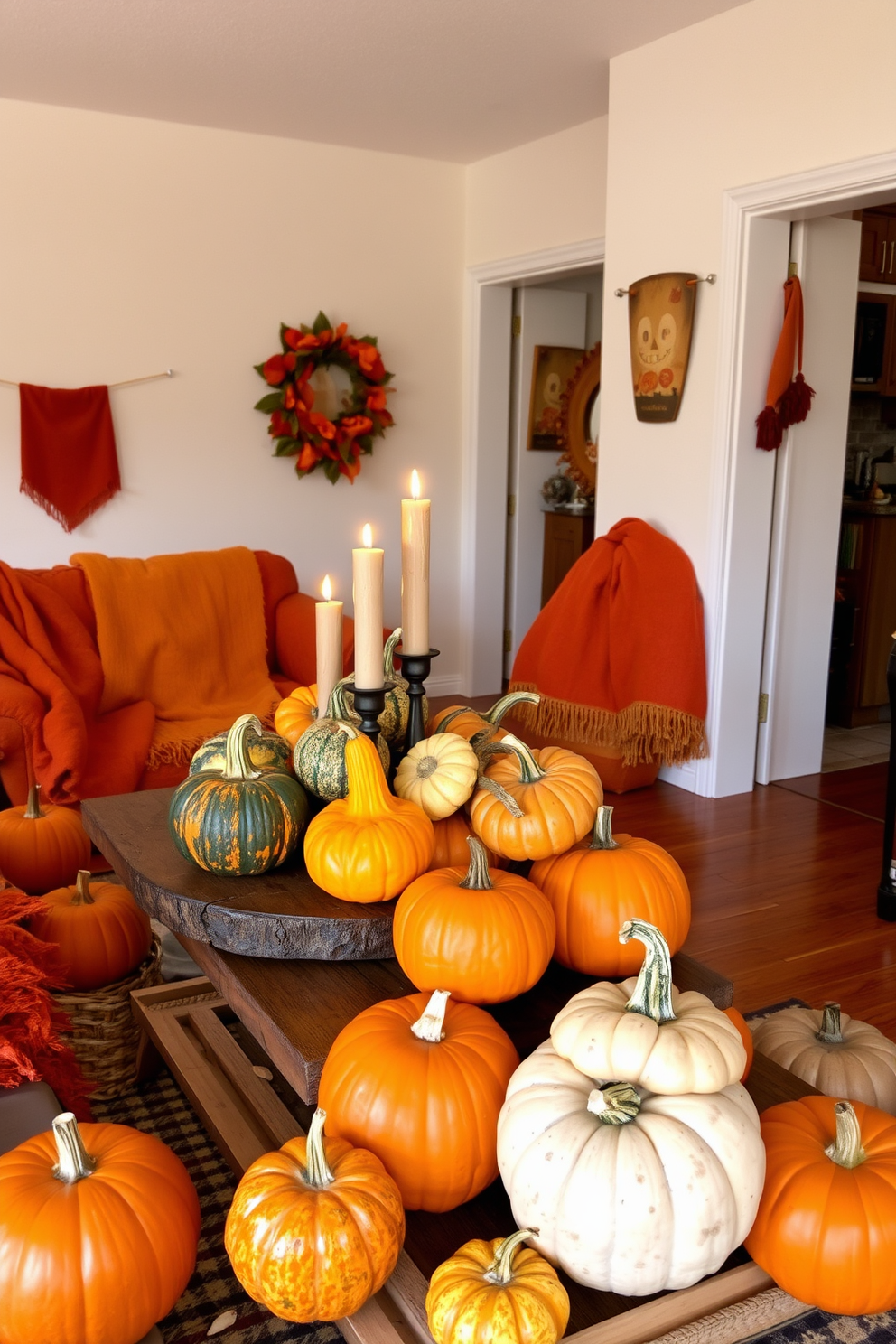 A dimly lit apartment with an eerie atmosphere. Ghostly figures can be seen in the windows, casting shadows that dance against the walls. The living room is adorned with Halloween decorations, featuring cobwebs draped over furniture and carved pumpkins on the table. Flickering candles create an unsettling yet inviting glow, enhancing the spooky ambiance.