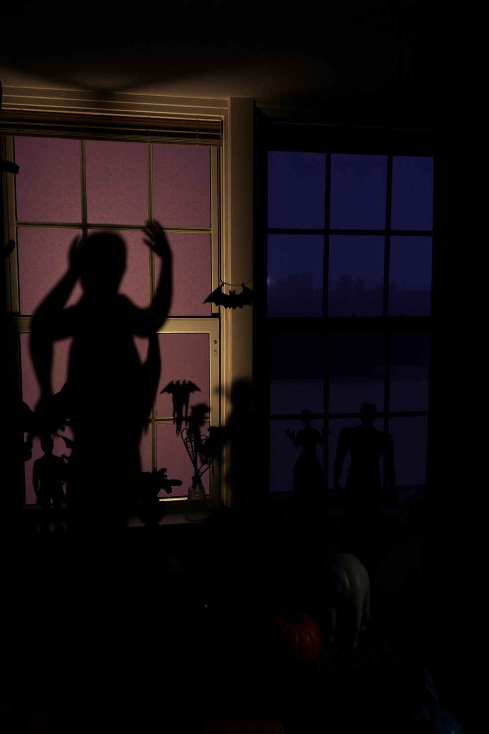 Spooky silhouettes cast eerie shadows against the backdrop of dimly lit windows. A collection of creatively arranged decorations, including ghostly figures and haunting shapes, enhances the Halloween spirit throughout the apartment.