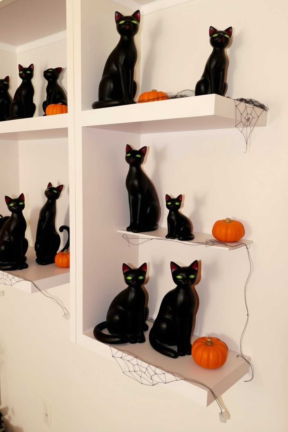 Create a cozy Halloween-themed apartment setting featuring shelves adorned with various black cat figurines in different poses. The shelves are decorated with spider webs and small pumpkins, adding a festive touch to the overall ambiance.