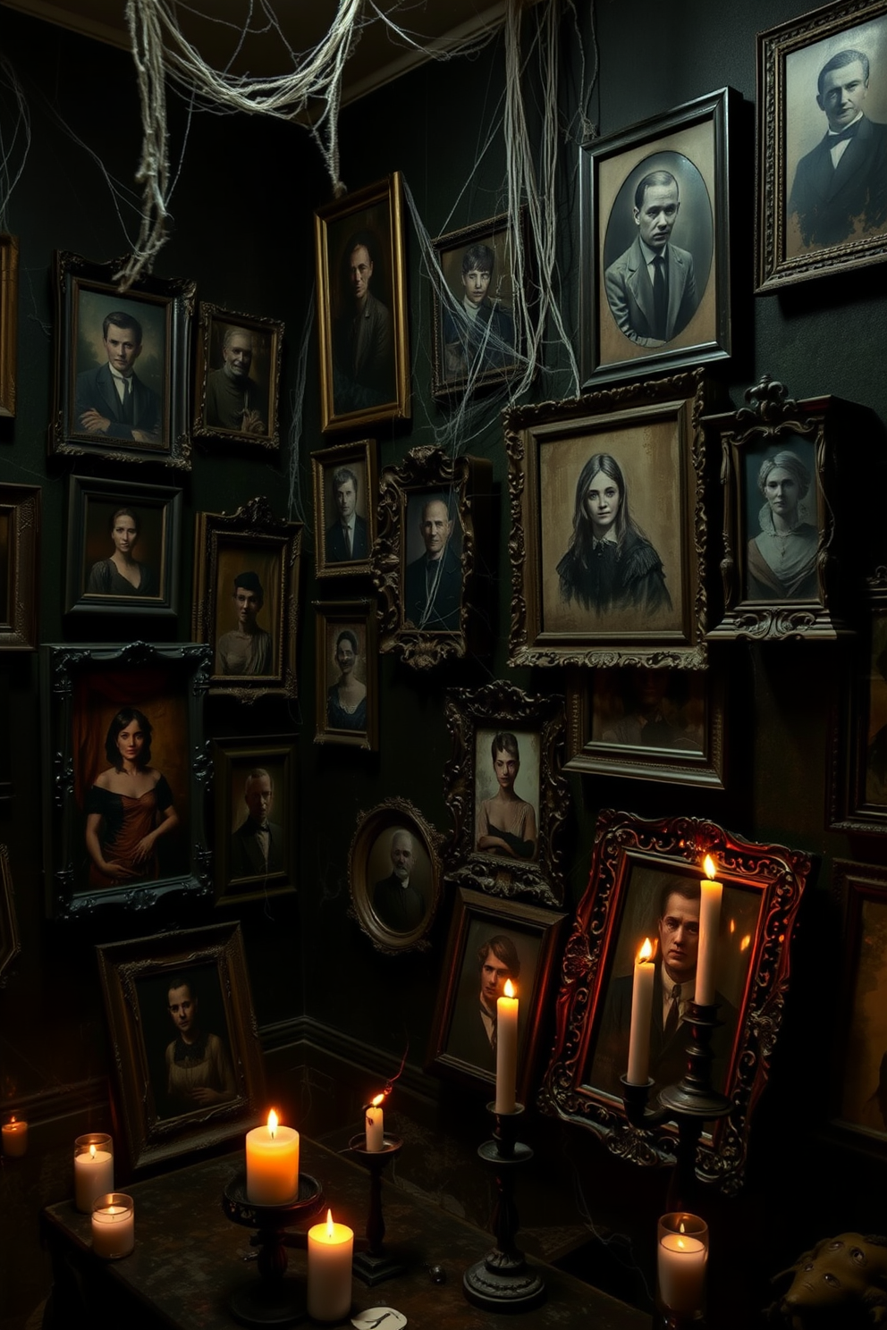 A creepy photo gallery adorned with old, faded portraits that evoke a sense of mystery and nostalgia. The dimly lit walls are painted in a deep, shadowy hue, and cobwebs cling to the corners, enhancing the eerie atmosphere. Scattered throughout are vintage frames with intricate designs, each holding a different haunting image. Flickering candles cast dancing shadows, creating an unsettling yet captivating ambiance perfect for Halloween apartment decorating ideas.