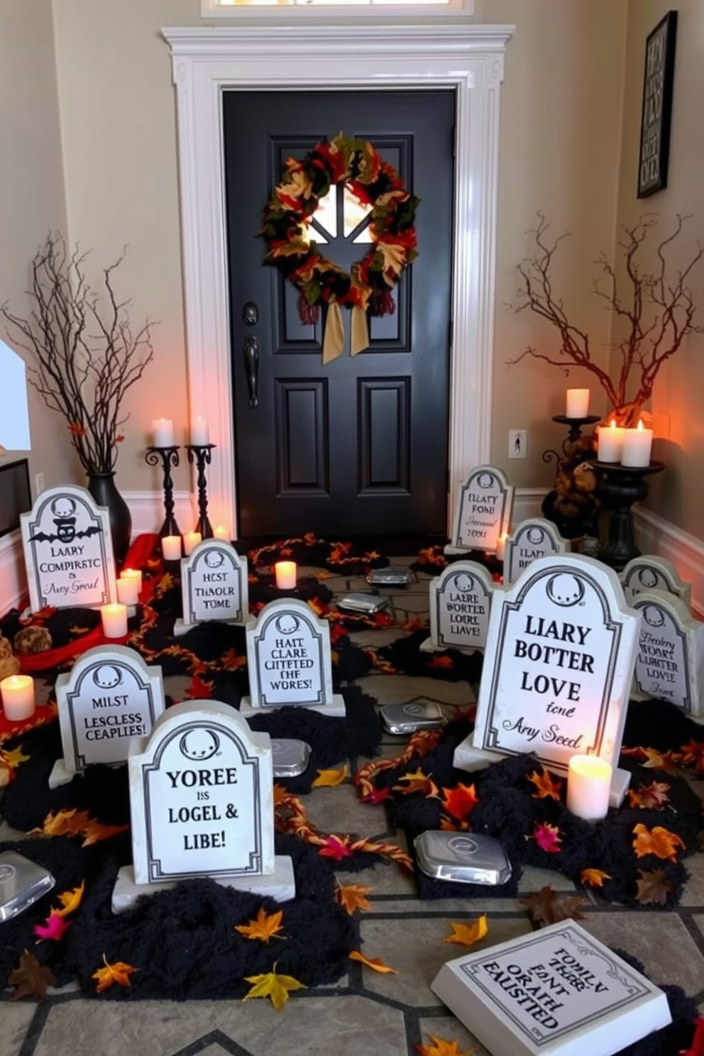 A whimsical entryway decorated for Halloween features faux tombstones scattered across the floor, creating a spooky atmosphere. The tombstones are adorned with playful inscriptions and eerie designs, surrounded by flickering LED candles and autumn leaves.