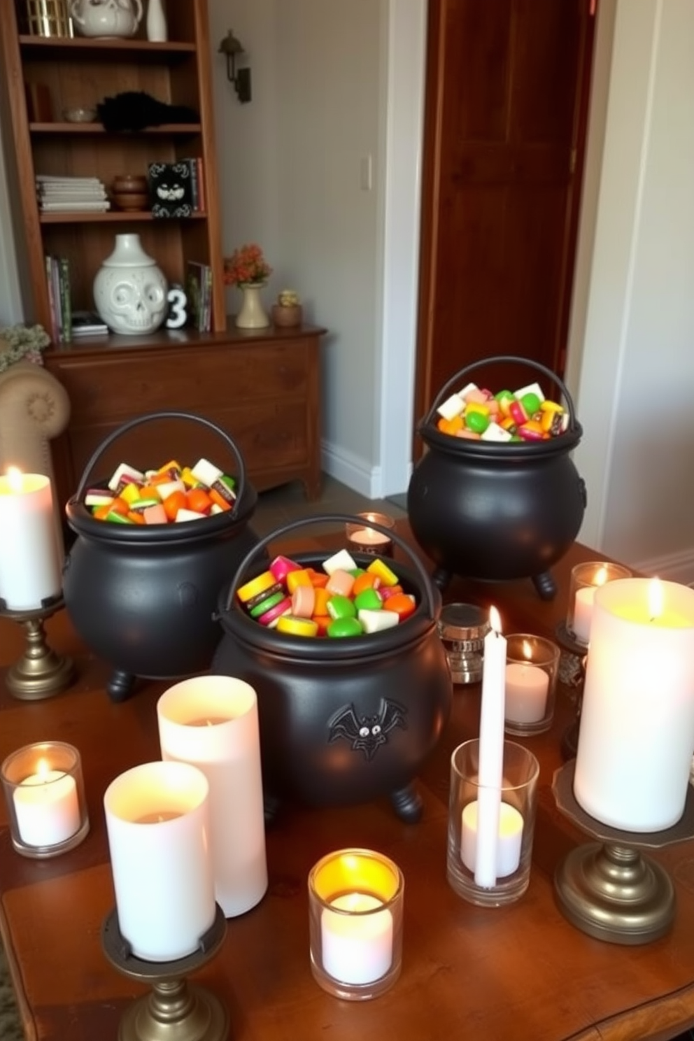 Decorative cauldrons filled with an assortment of colorful Halloween treats are placed throughout the apartment. The cauldrons are set on rustic wooden tables and surrounded by flickering candles to create a spooky ambiance.