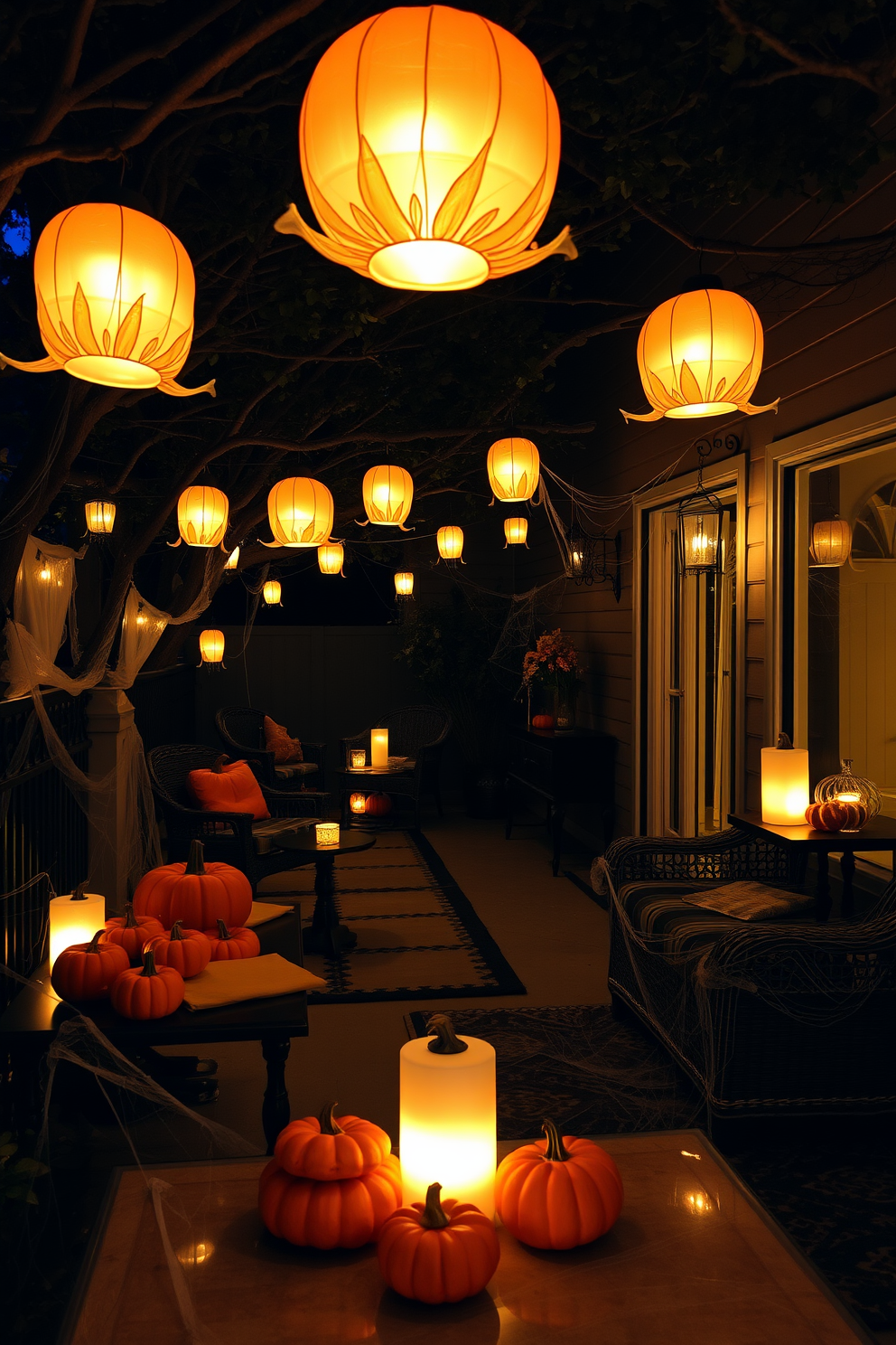 A cozy outdoor space illuminated by ghost lanterns that cast playful shadows on the surrounding area. The lanterns are hung from trees and placed along pathways, creating a whimsical atmosphere perfect for Halloween. The apartment features a blend of spooky and chic decor, with elegant black and orange accents throughout. Pumpkins of various sizes are artfully arranged on tables, and cobwebs delicately drape over furniture for a festive touch.