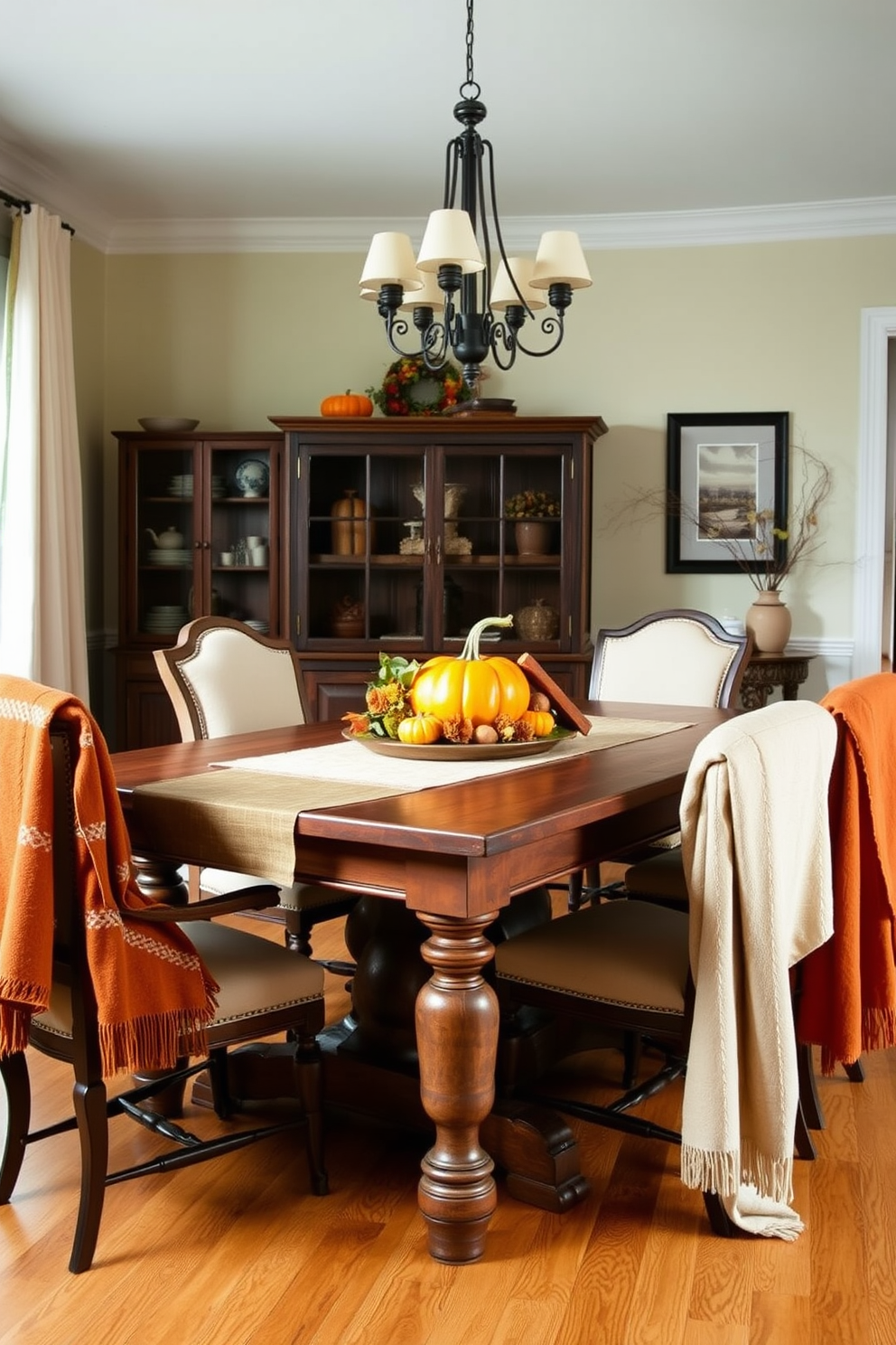 Carved pumpkins with intricate designs are placed on the porch steps, showcasing a variety of expressions and styles. The porch is adorned with autumn leaves and cozy blankets, creating a warm and inviting atmosphere for Halloween festivities.