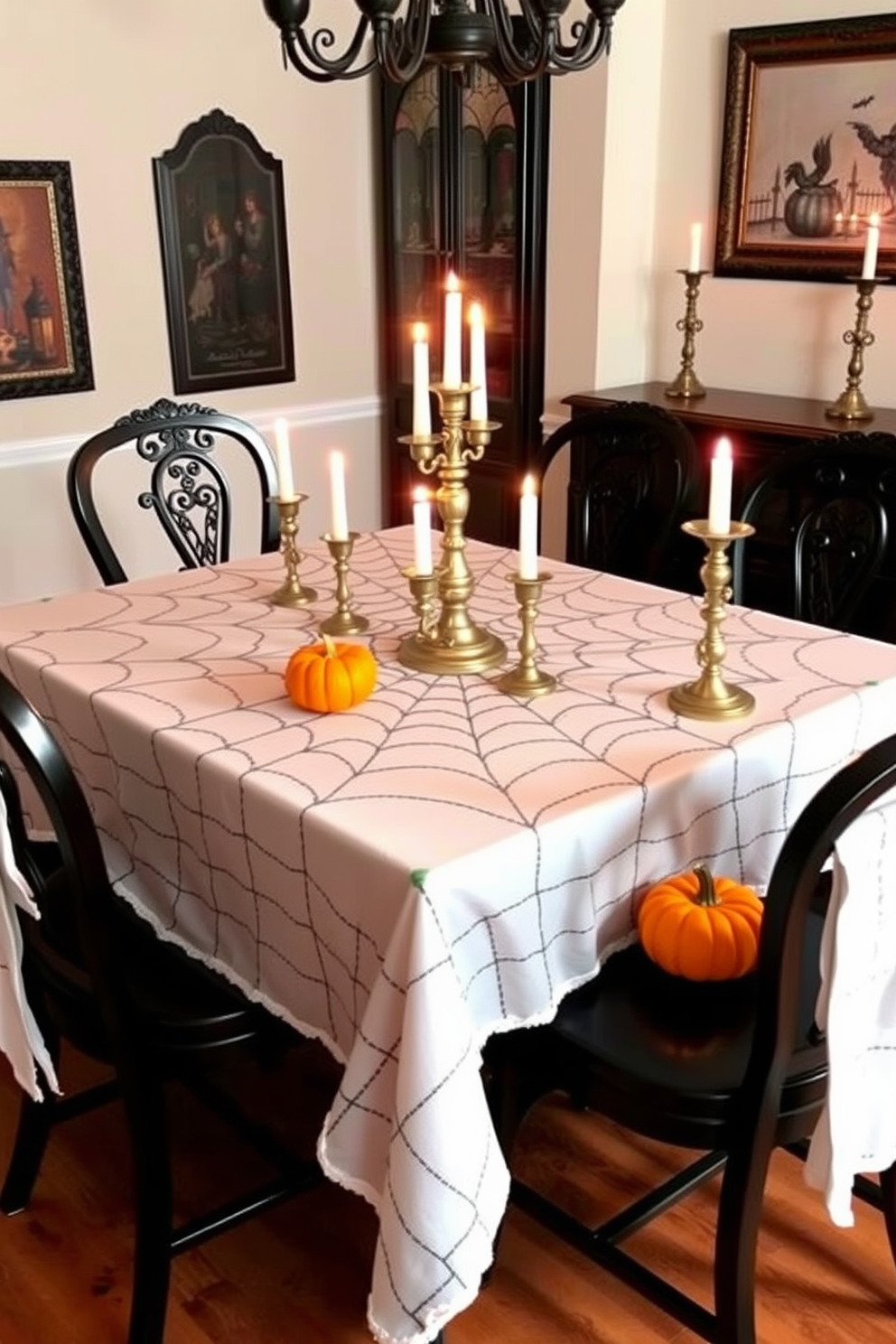 A dining table adorned with a spider web tablecloth, creating an enchanting Halloween atmosphere. Surrounding the table are elegant black chairs, each with a small orange pumpkin placed on the seat. Soft candlelight flickers from ornate candle holders, casting playful shadows across the room. The walls are decorated with subtle Halloween-themed artwork, blending sophistication with seasonal charm.