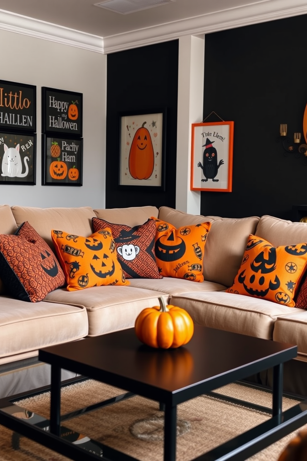 A cozy living room featuring a plush couch adorned with Halloween-themed throw pillows in vibrant orange and black patterns. The walls are decorated with playful Halloween art, and a small pumpkin sits on the coffee table to enhance the festive atmosphere.