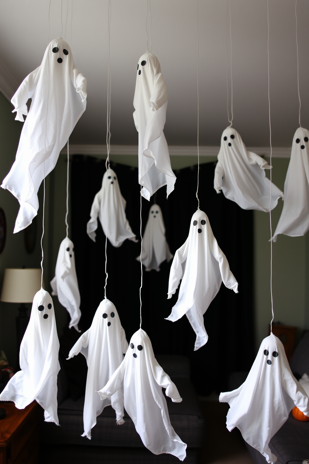 A whimsical Halloween apartment setting featuring hanging ghosts made from white sheets. The ghosts are suspended from the ceiling, gently swaying with the breeze, creating an eerie yet playful atmosphere.