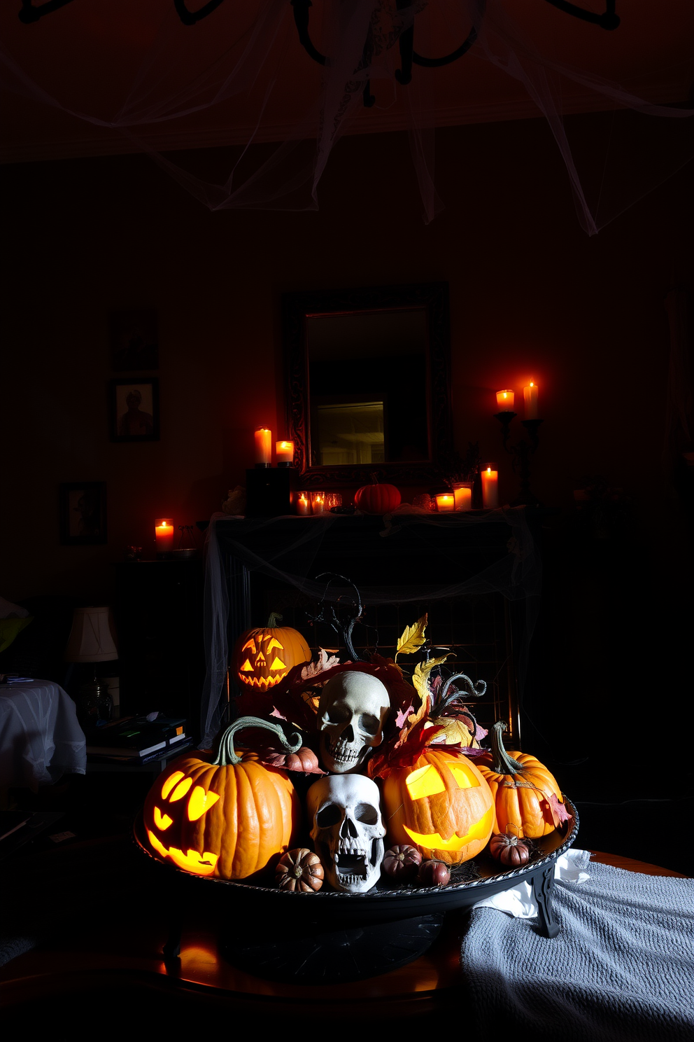 A dimly lit living room adorned with cobwebs and flickering candles creates a haunting atmosphere. Shadows dance on the walls as a vintage mirror reflects ghostly figures, enhancing the eerie ambiance. Pumpkins carved with intricate designs are scattered throughout the space, their warm glow contrasting with the dark decor. A spooky centerpiece featuring skulls and autumn leaves sits on the coffee table, inviting guests to embrace the Halloween spirit.