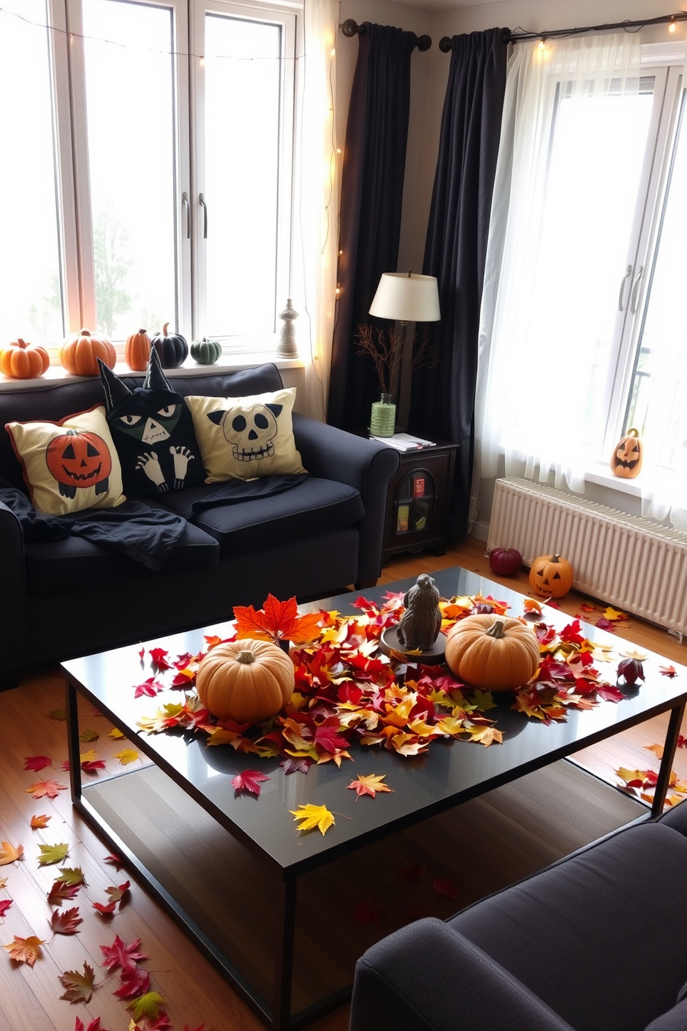 A cozy apartment living room decorated for Halloween. Colorful fall leaves are scattered across the coffee table and window sills, creating a warm autumn atmosphere. Festive decorations include carved pumpkins and spooky-themed throw pillows on the couch. Soft lighting from string lights adds a welcoming glow to the space.