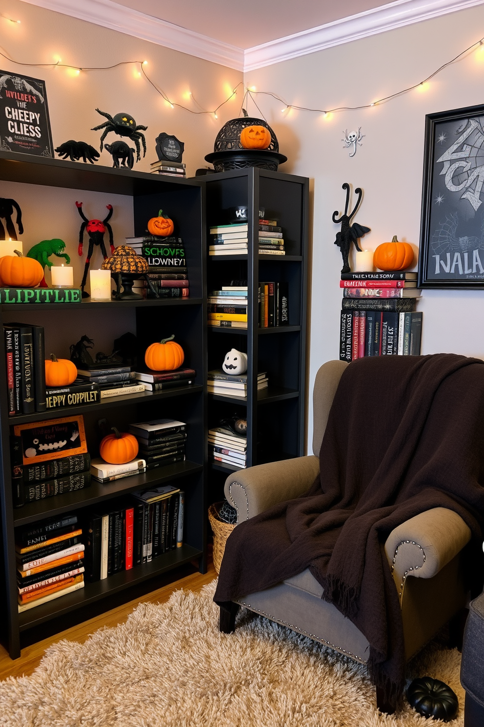 A whimsical Halloween-themed apartment setting. Creepy crawly toys are playfully arranged on bookshelves, surrounded by stacks of spooky-themed books and decorative pumpkins. The walls are adorned with ghostly artwork and string lights that flicker like candlelight. A cozy reading nook features a plush chair draped with a soft, dark blanket, inviting guests to enjoy the eerie ambiance.