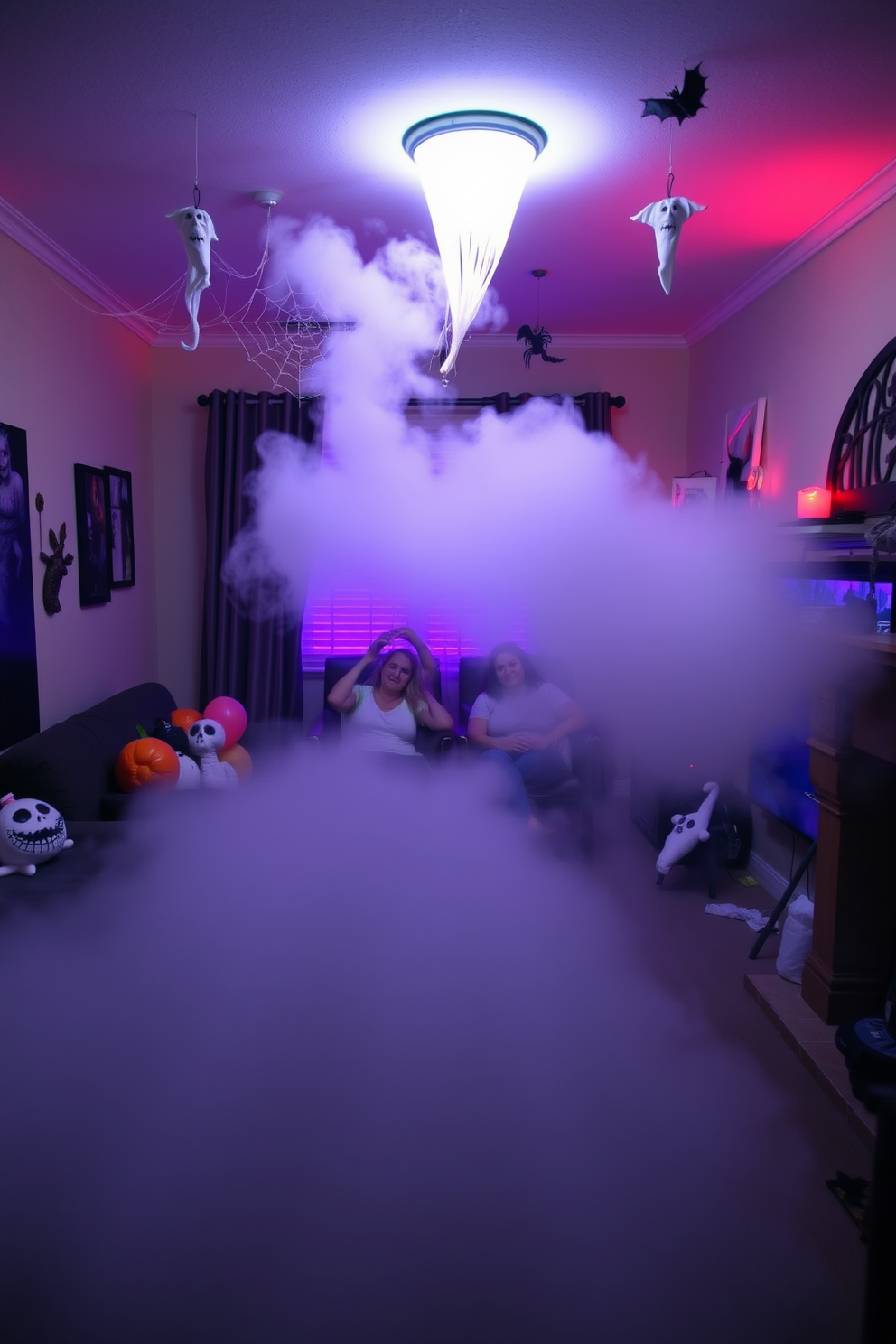 A Halloween-themed apartment decorated with a faux fog machine creating a spooky atmosphere. The living room features dim lighting with orange and purple accents, and eerie decorations like cobwebs and ghostly figures hanging from the ceiling.