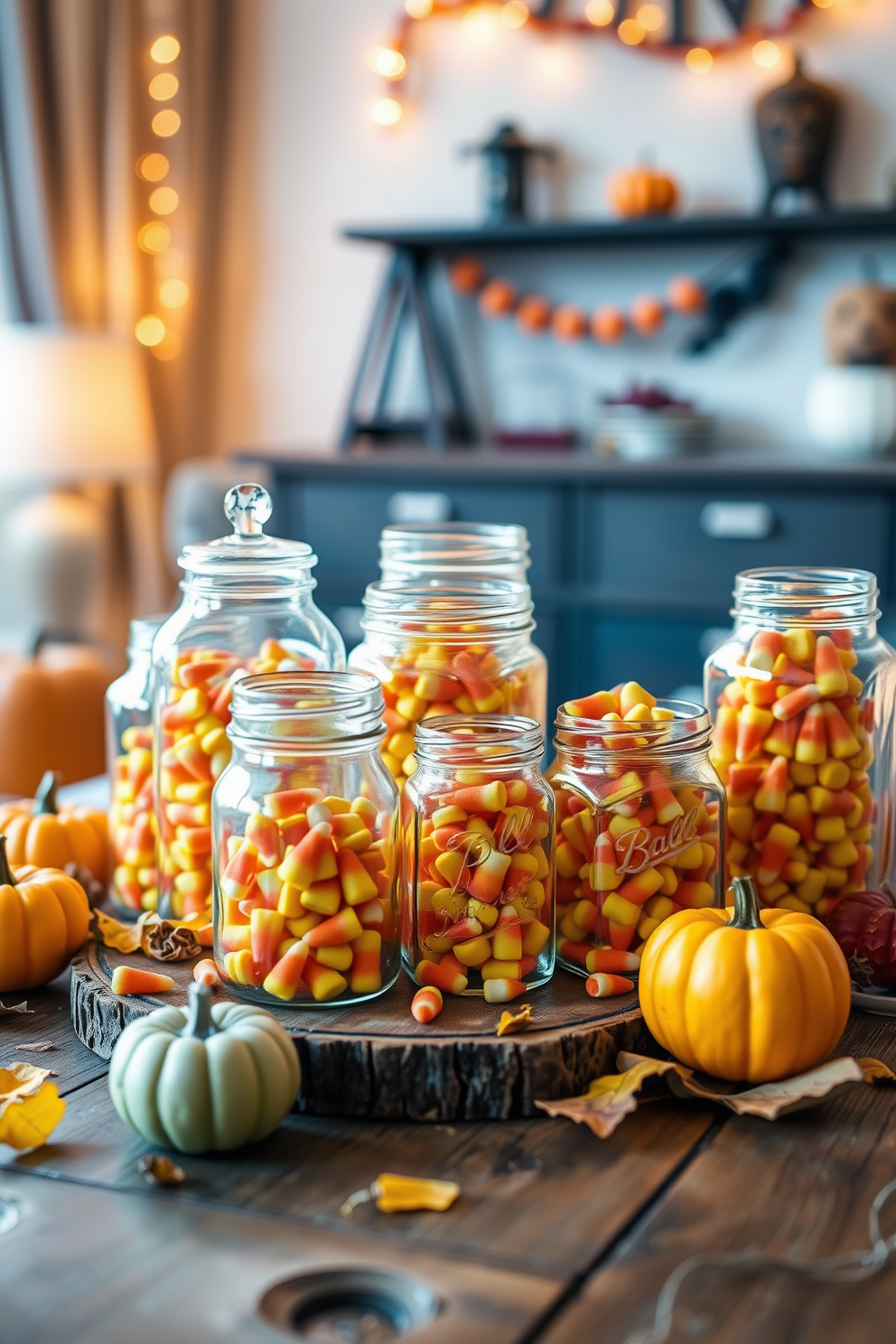 Decorative jars filled with candy corn are arranged on a rustic wooden table, creating a festive and inviting atmosphere. The jars vary in size and shape, showcasing the vibrant colors of the candy corn against the backdrop of autumn-themed decor. Surrounding the jars are small pumpkins and fall leaves, enhancing the Halloween spirit in the apartment. Soft, warm lighting illuminates the scene, casting a cozy glow that invites guests to indulge in the seasonal treats.