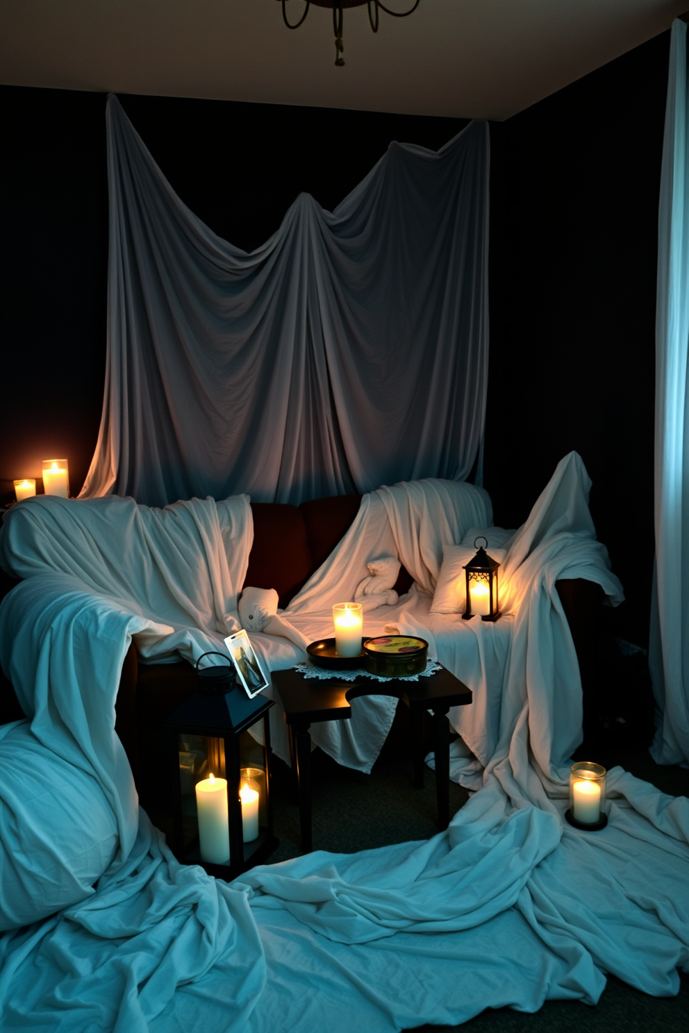 A cozy apartment setting for Halloween. Ghostly white sheets are draped over various pieces of furniture, creating an eerie yet inviting atmosphere. Soft candlelight flickers from strategically placed lanterns around the room. Dark, rich colors on the walls enhance the spooky charm of the decor.