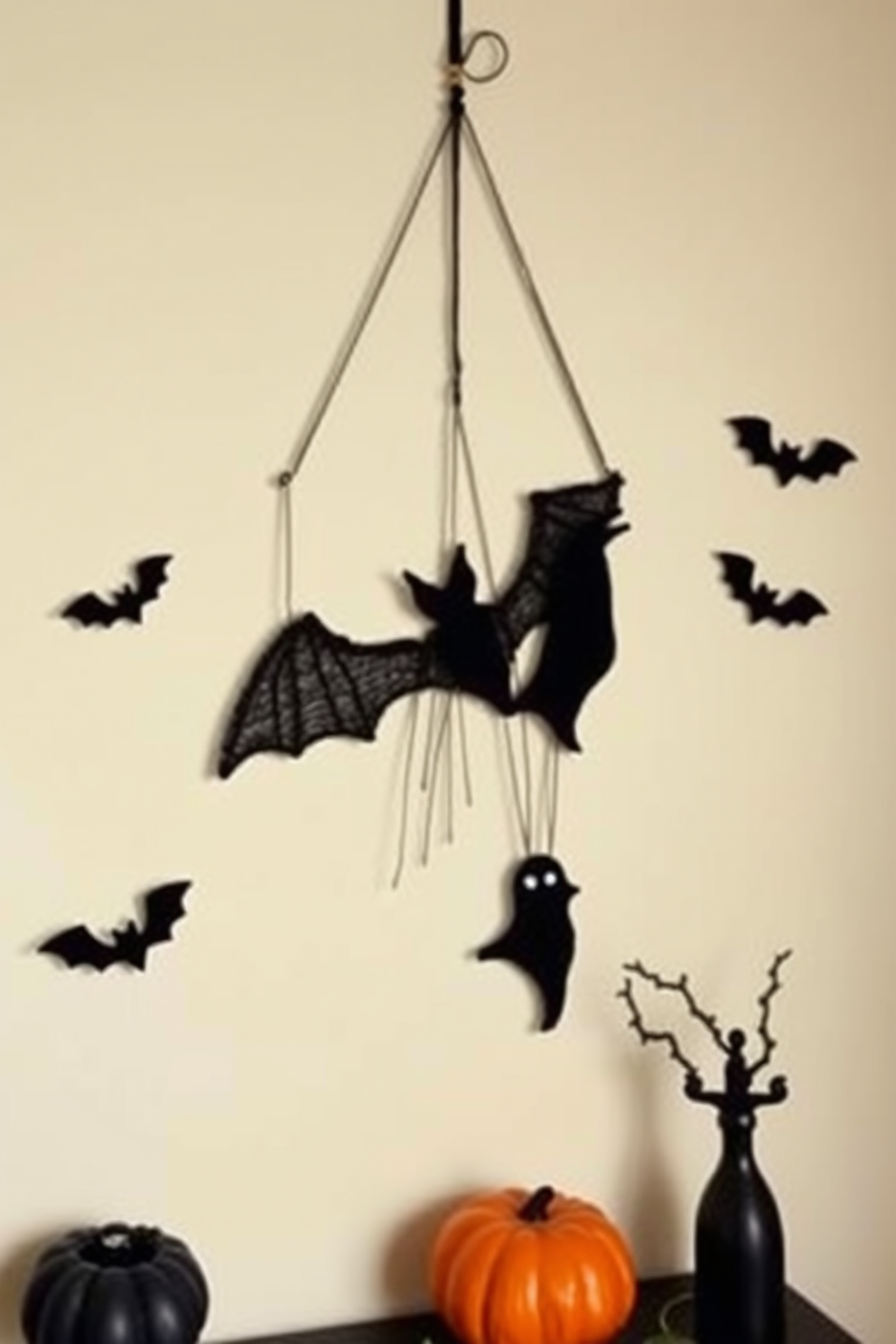 Create a cozy Halloween-themed apartment with spooky string art adorning the walls. The string art features silhouettes of bats and ghosts, adding an eerie yet charming atmosphere to the space.