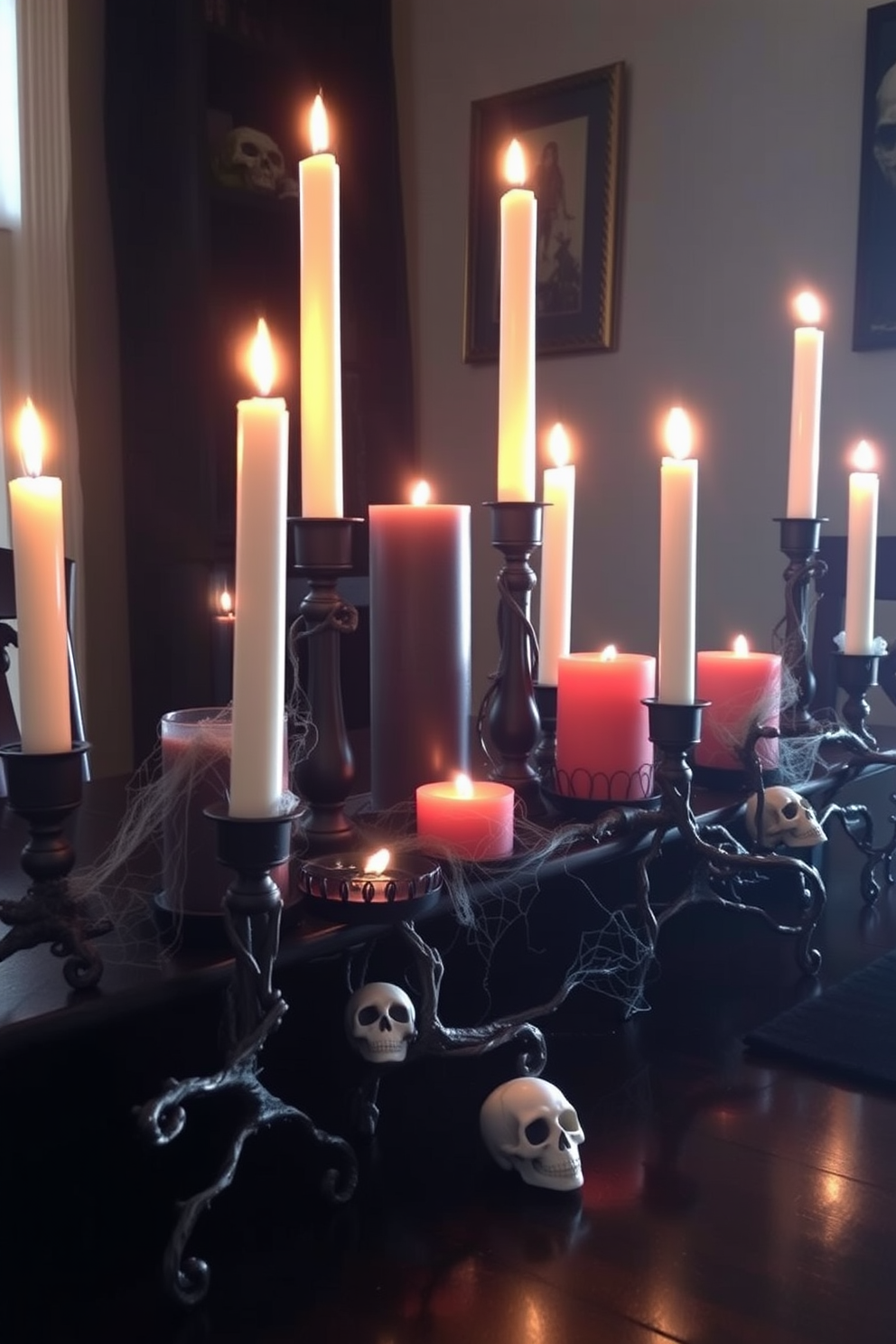 A dimly lit apartment is adorned with eerie cloth draped over various pieces of furniture creating a haunting atmosphere. Shadows dance across the room as the fabric sways gently, enhancing the spooky vibe of the Halloween decorations.