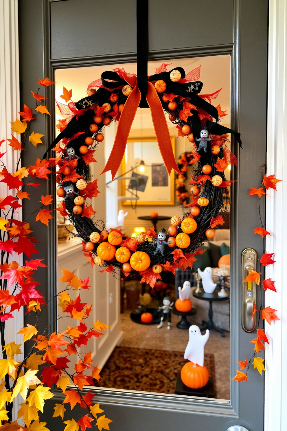 A festive DIY Halloween wreath hangs on the front door, adorned with black and orange ribbons, miniature pumpkins, and spooky embellishments. Surrounding the door, autumn leaves in vibrant colors create a warm and inviting atmosphere for the Halloween season. Inside the apartment, playful Halloween decorations are scattered throughout, featuring ghostly figures and themed table centerpieces. Soft lighting casts a cozy glow, enhancing the charm of the seasonal decor while inviting guests to celebrate the holiday.