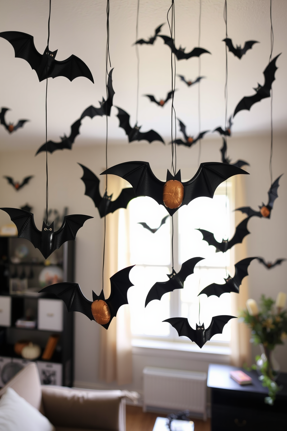 Create a whimsical Halloween atmosphere in your apartment by hanging various sizes of bats from the ceiling. Use black and metallic colors to enhance the spooky effect and complement your existing decor.